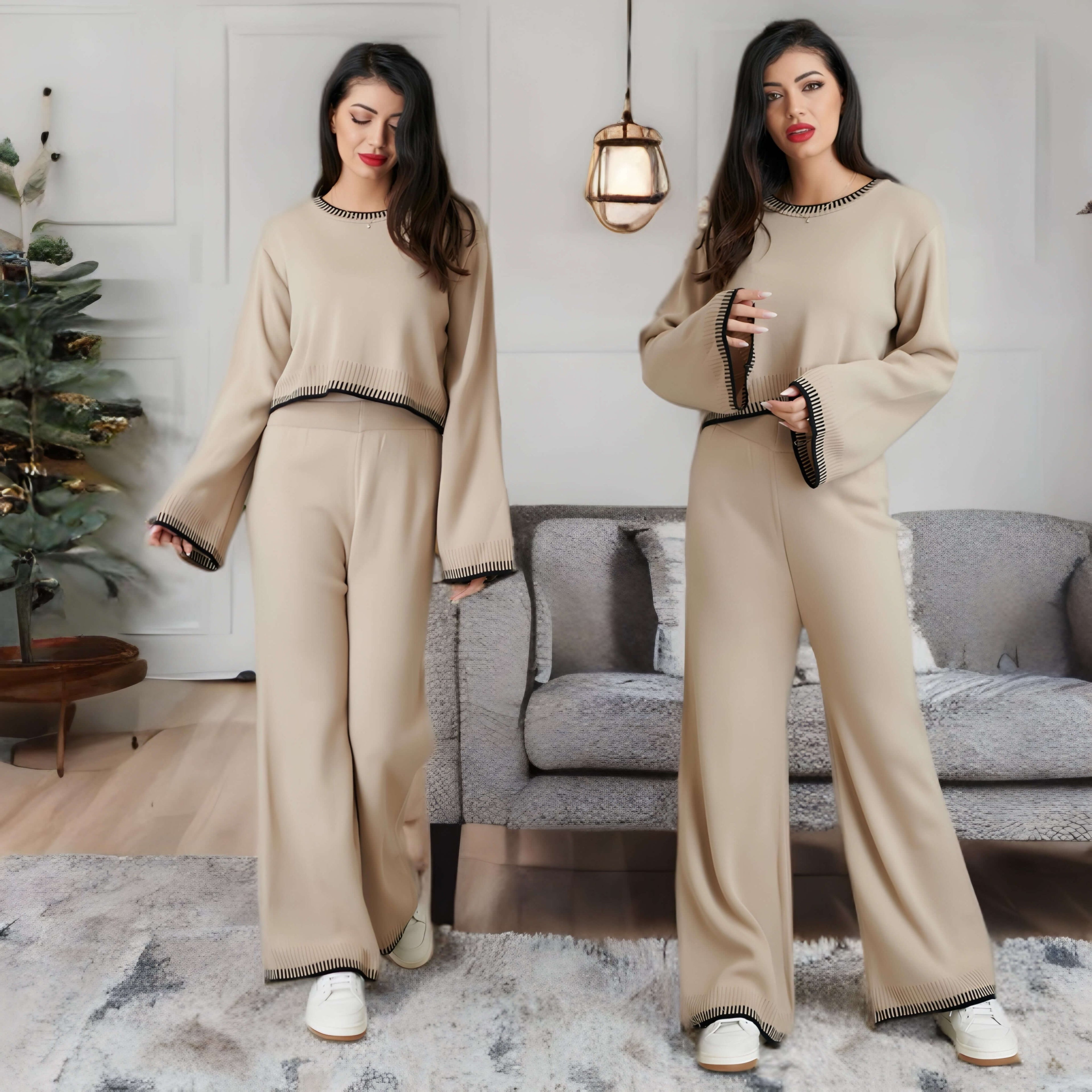 Set Bluza si Pantaloni din tricot - Carla crem 02