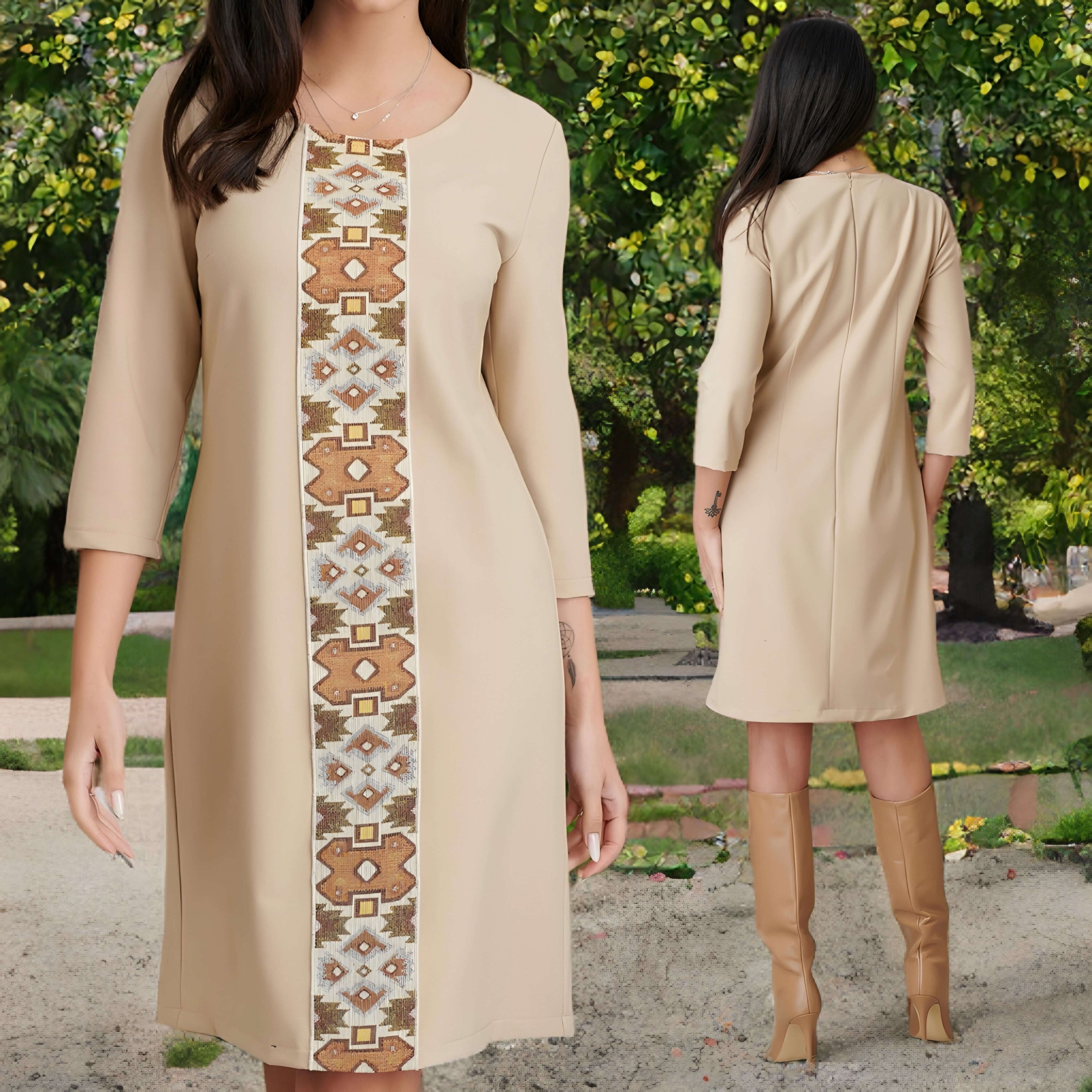 Rochie crem cu model traditional tesut si croi drept - Valentina 05