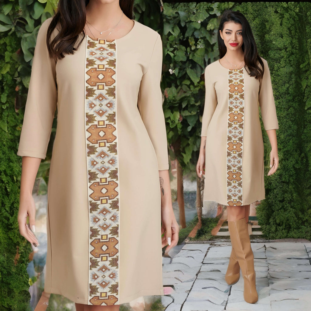 Rochie crem cu model traditional tesut si croi drept - Valentina 05