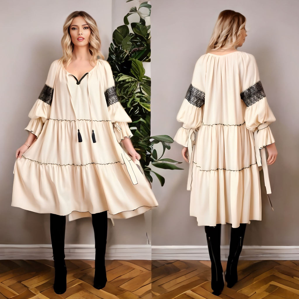 Rochie Nationala crem din in natural 100%, cu maneci ample si dantela neagra - Nicolle