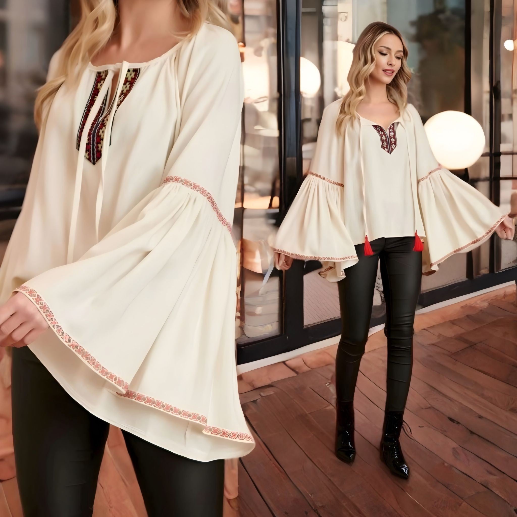 IE Nationala din in crem cu maneci evazate, dantela tesuta si ciucuri - Maria 03