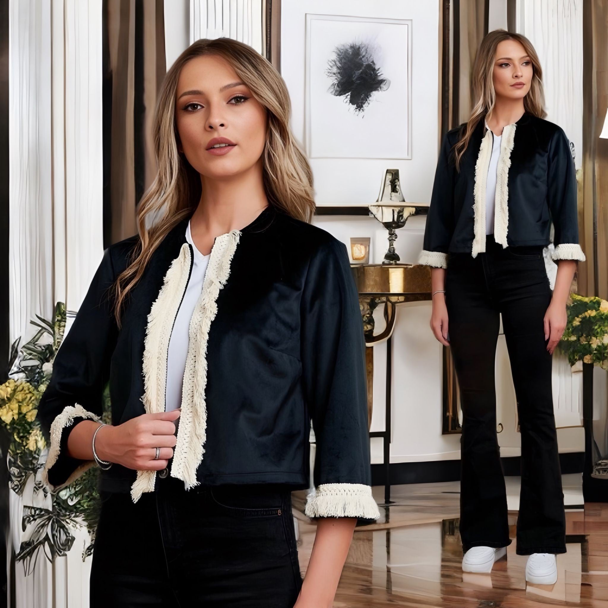 Sacou negru, scurt din catifea cu franjuri - Felicia 04