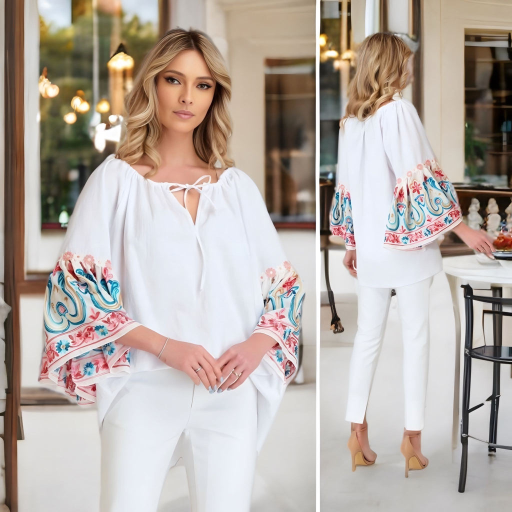 IE Nationala alba din panza de in natural 100%, maneci stil fluture, broderie vie - Ruxandra