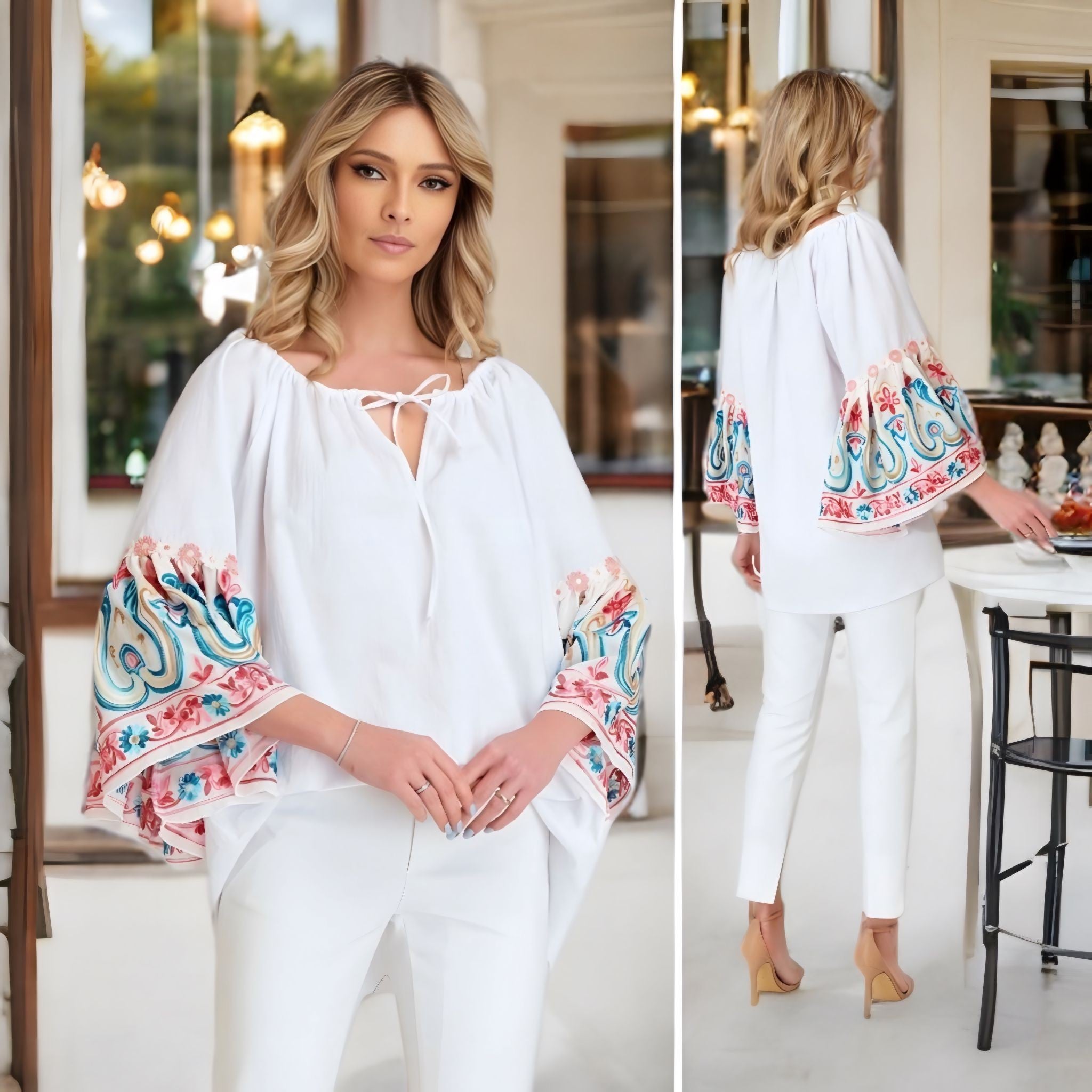 IE Nationala alba din panza de in natural 100%, maneci stil fluture, broderie vie - Ruxandra