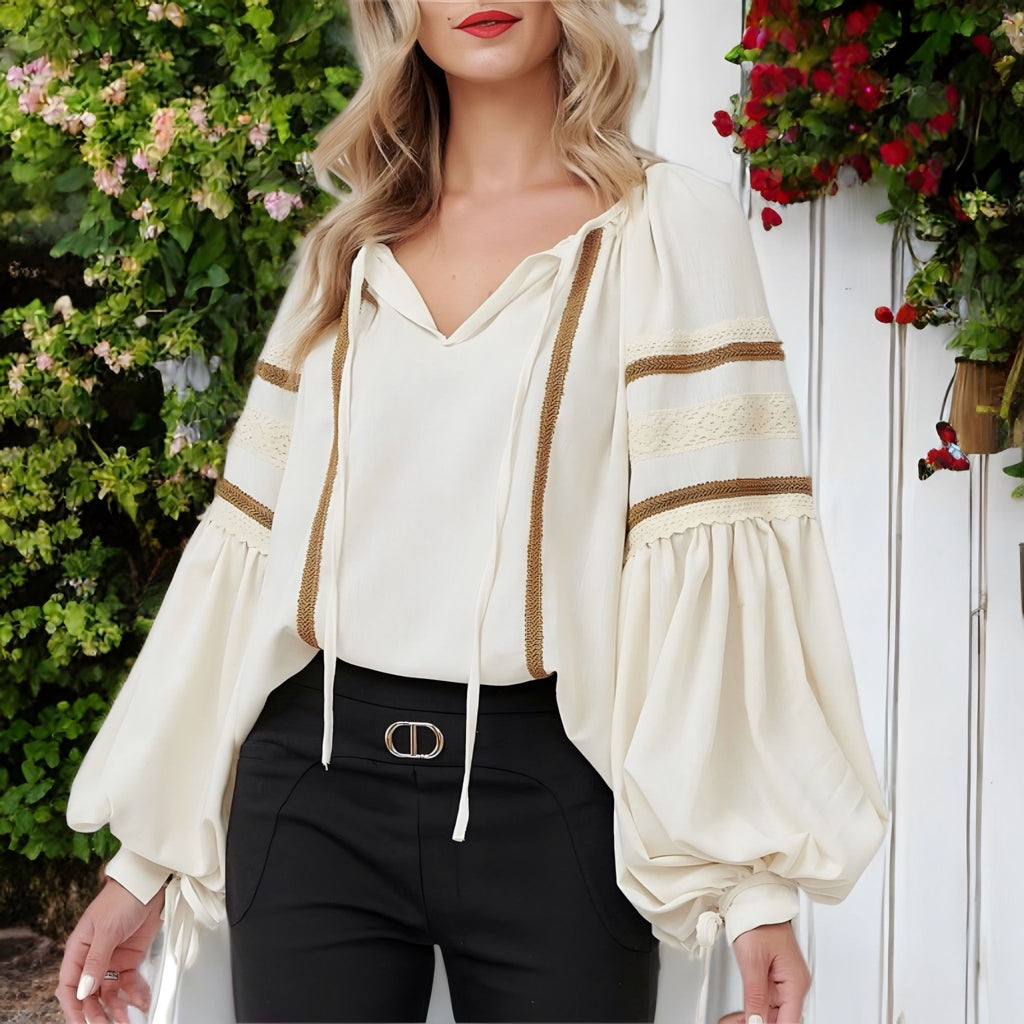 IE Nationala crem cu croi modern, din in natural, cu maneci ample si dantela brodata - Ilinca