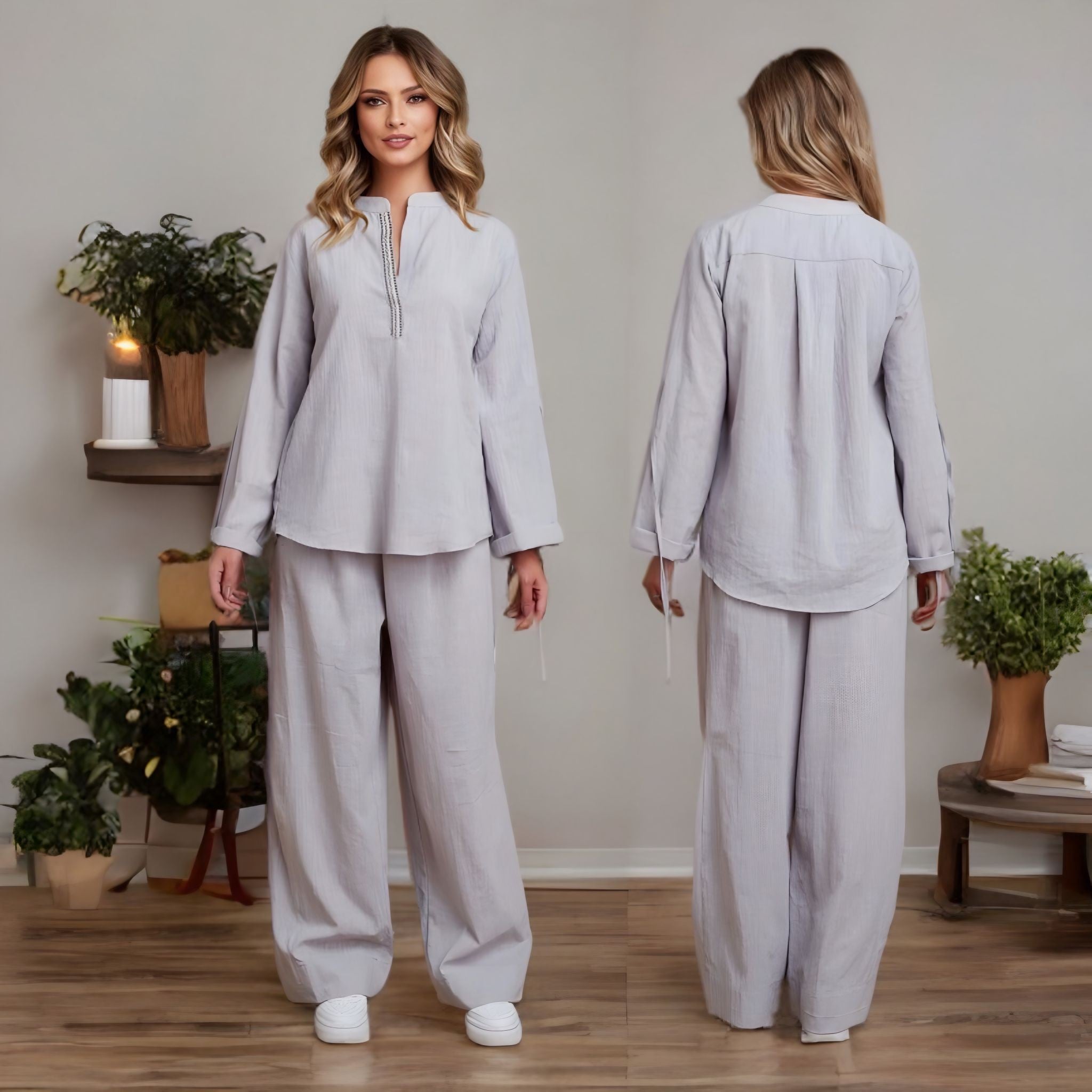 Set Bluza si Pantaloni din panza topita - Sandra gri 06