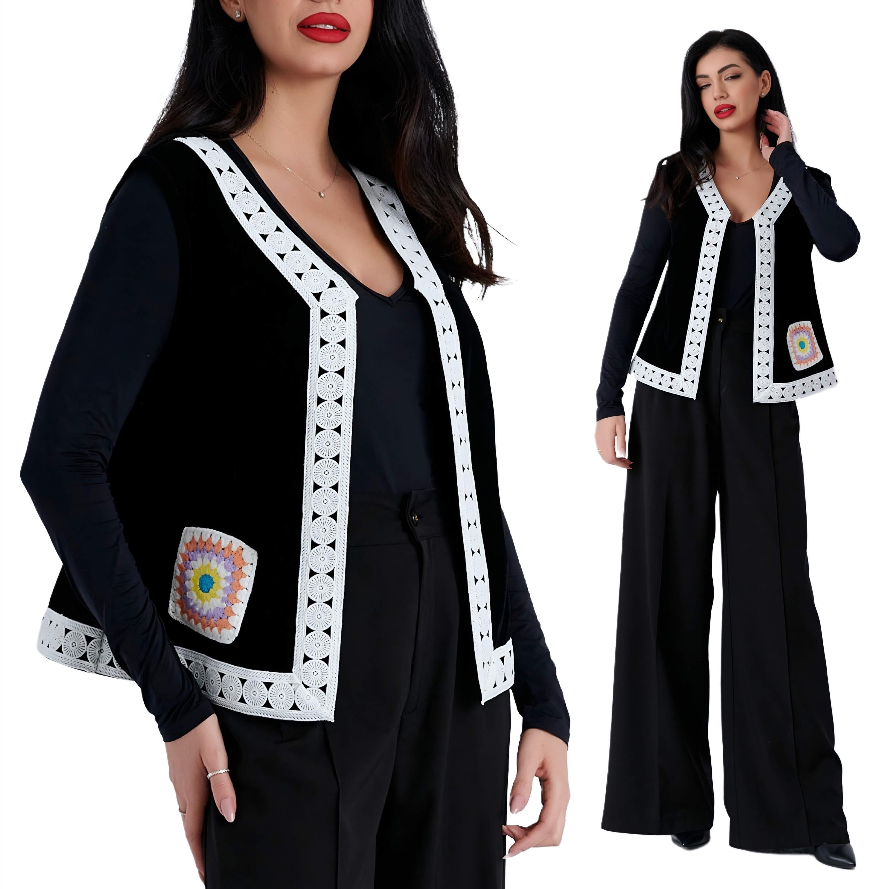 Vesta Nationala neagra din catifea cu motive geometrice - Ecaterina