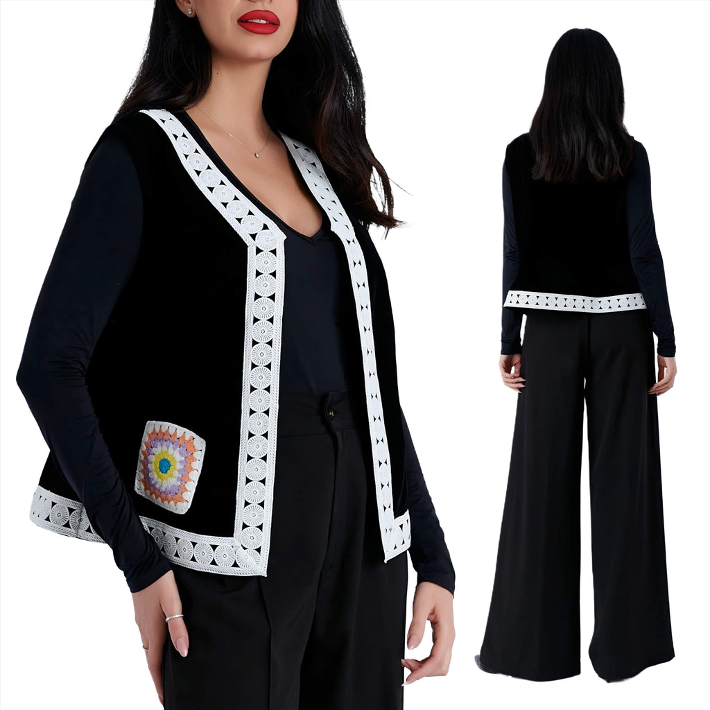 Vesta Nationala neagra din catifea cu motive geometrice - Ecaterina