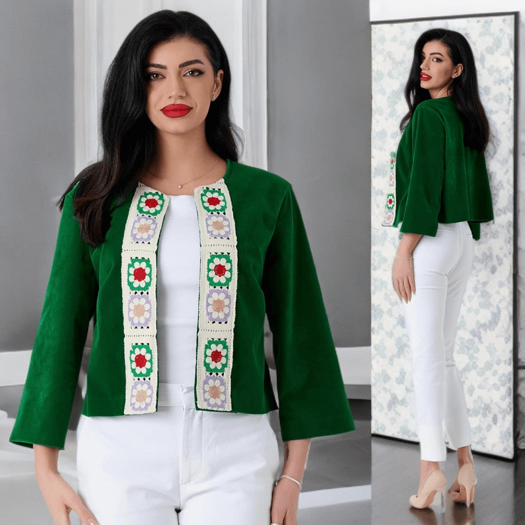 Sacou verde, scurt din catifea cu model crosetat - Carmen