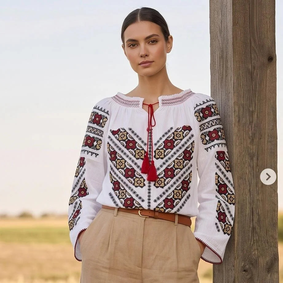 IE Traditionala alba cu maneca lunga si flori brodate - Valentina