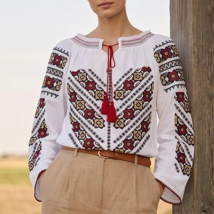 IE Traditionala alba cu maneca lunga si flori brodate - Valentina