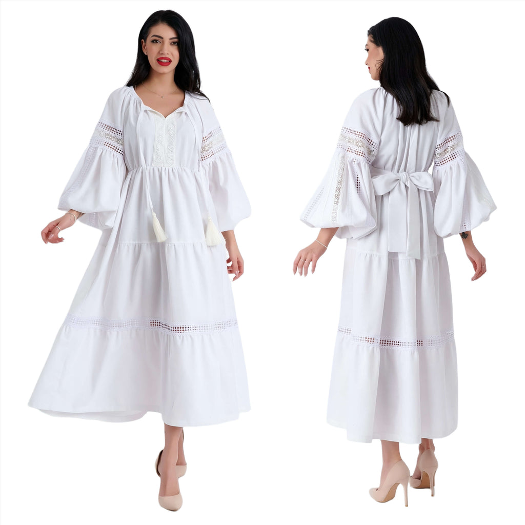 Rochie Nationala din in natural 100%, cu maneci ample si dantela - Alma