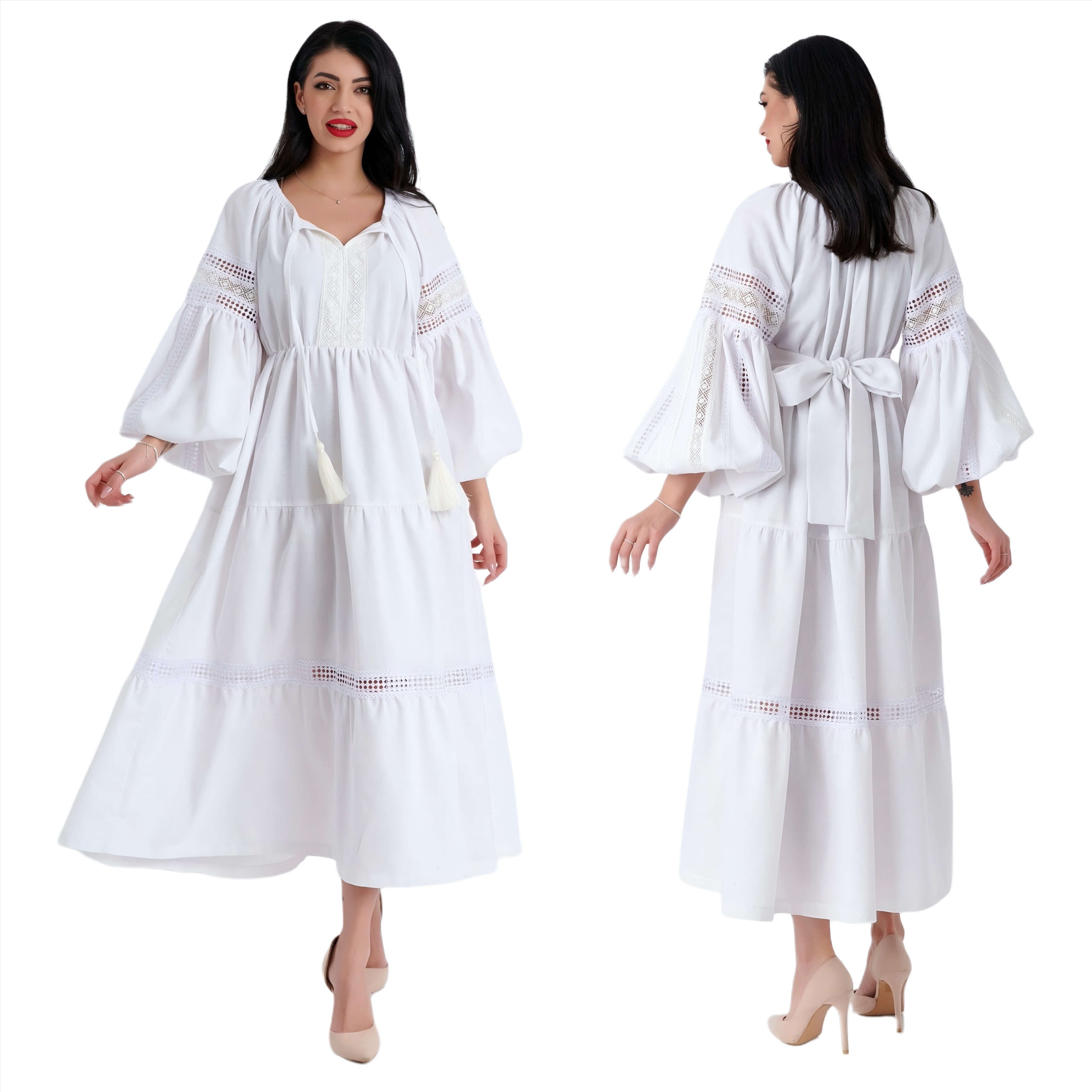 Rochie Nationala din in natural 100%, cu maneci ample si dantela - Alma