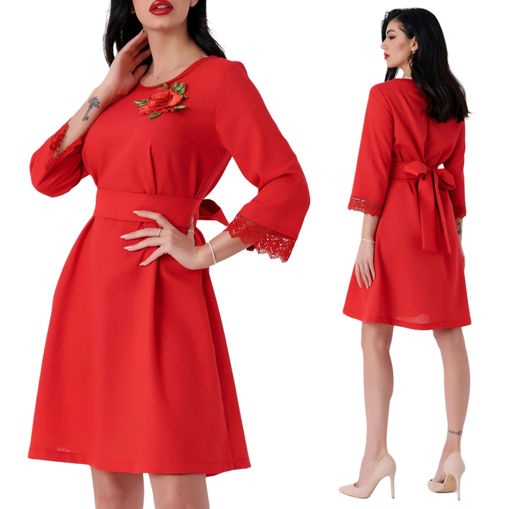 Rochie rosie din in natural cu cordon - Ana