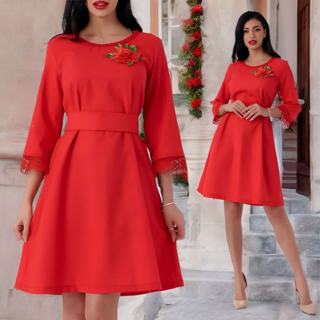 Rochie rosie din in natural cu cordon - Ana