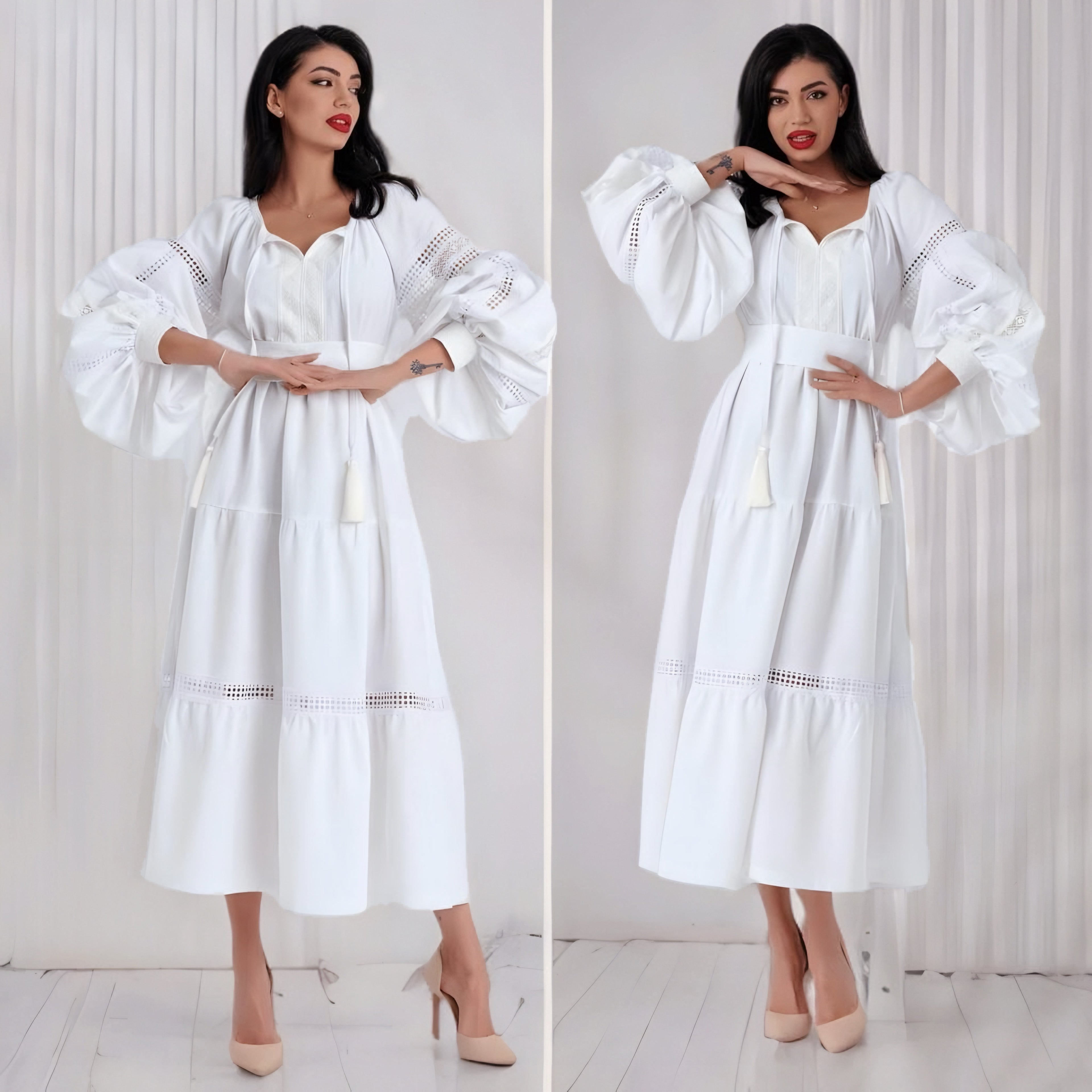 Rochie Nationala din in natural 100%, cu maneci ample si dantela - Alma