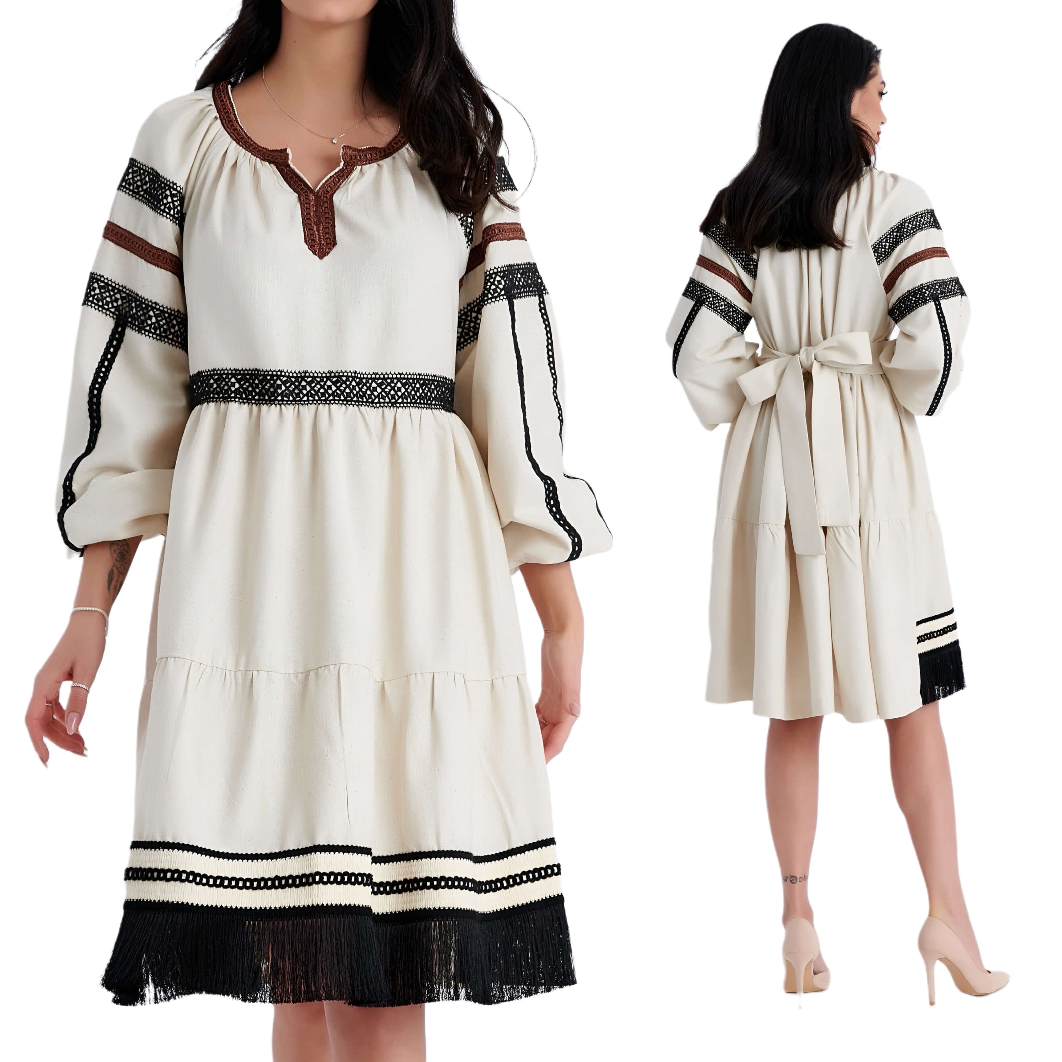 Rochie Nationala din in natural crem cu cordon - Silvia