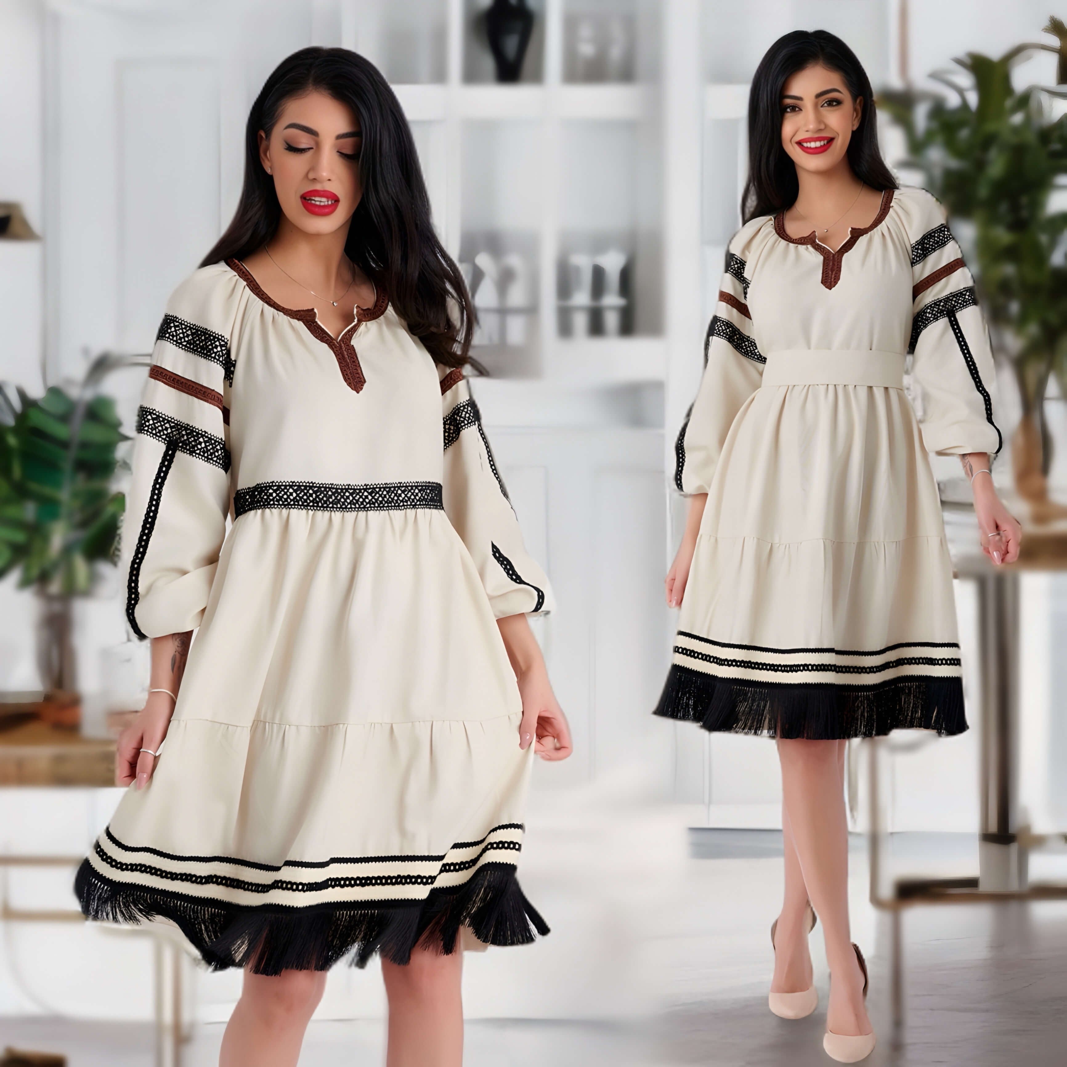 Rochie Nationala din in natural crem cu cordon - Silvia