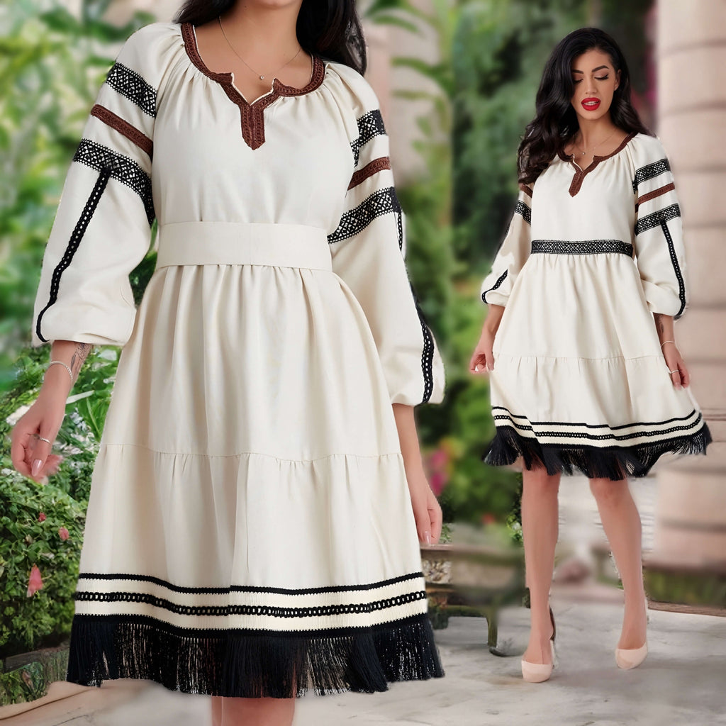 Rochie Nationala din in natural crem cu cordon - Silvia