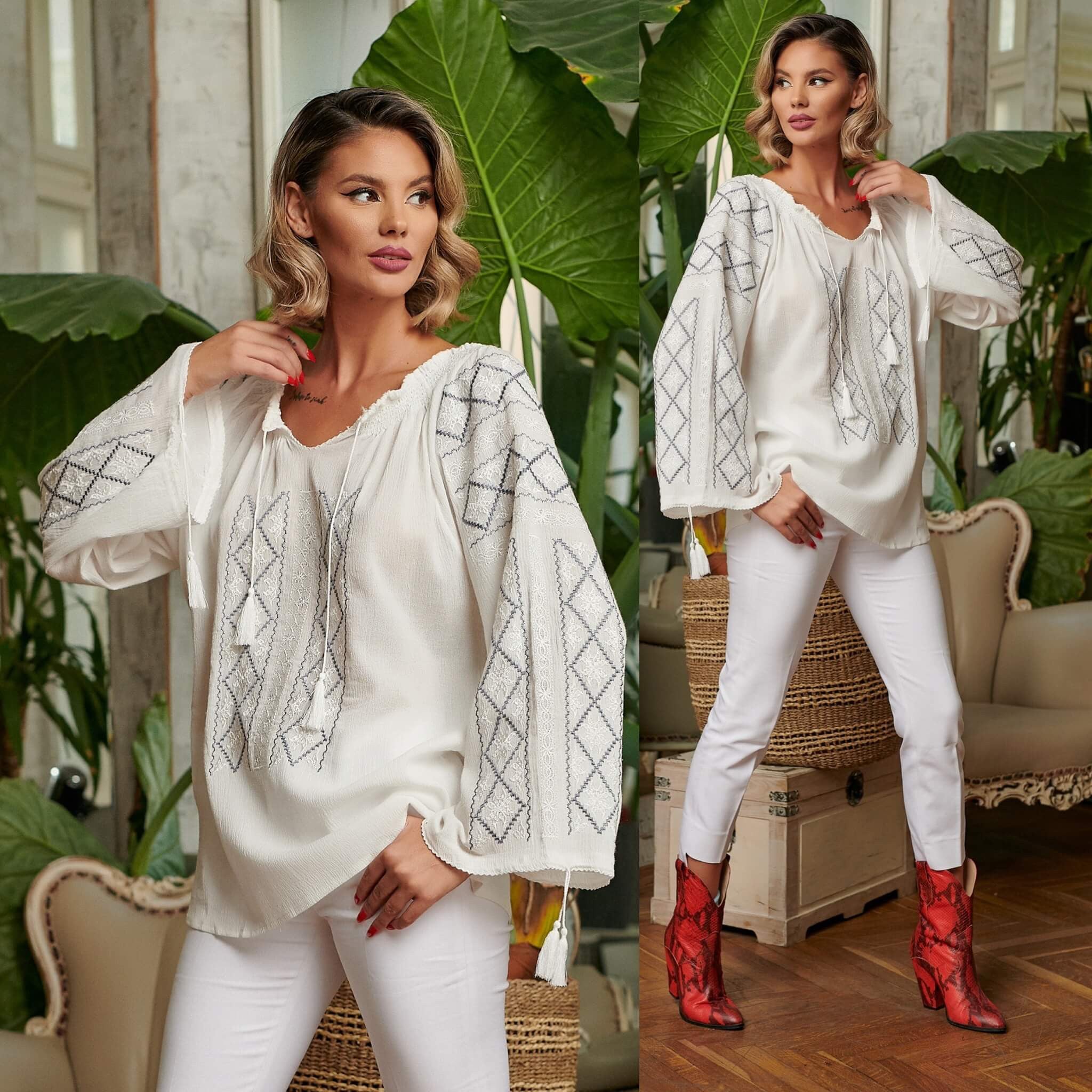 IE Traditionala alba cusuta cu matase - Romb