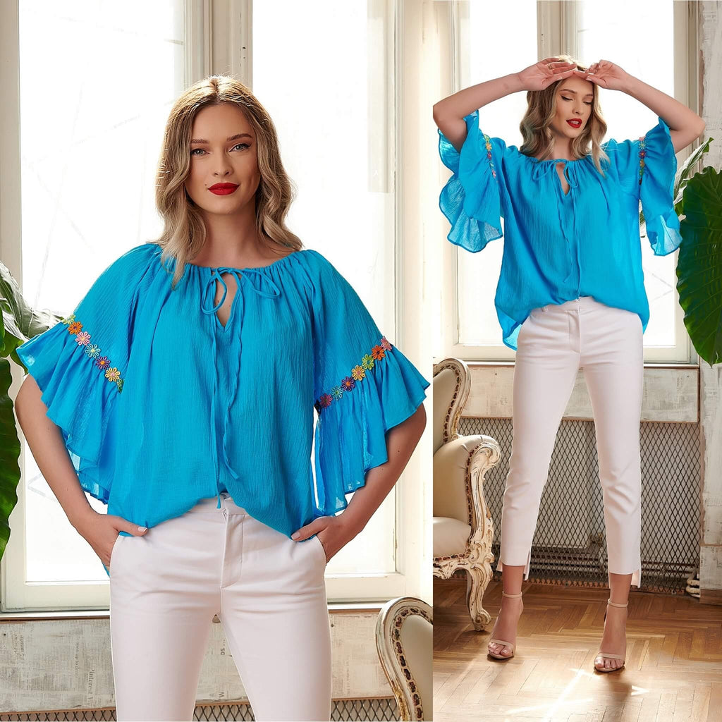 Bluza stilizata din panza topita - turcoaz 05