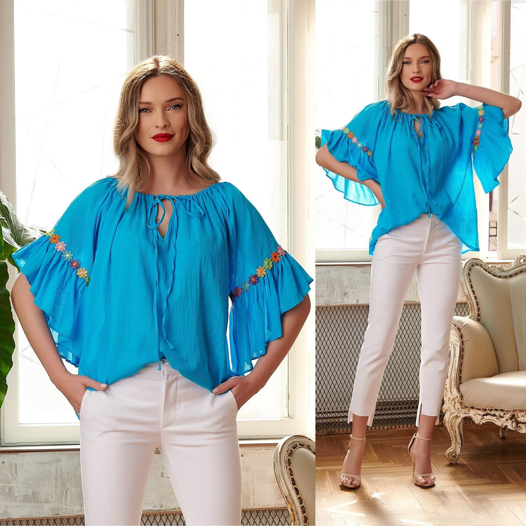 Bluza stilizata din panza topita - turcoaz 05