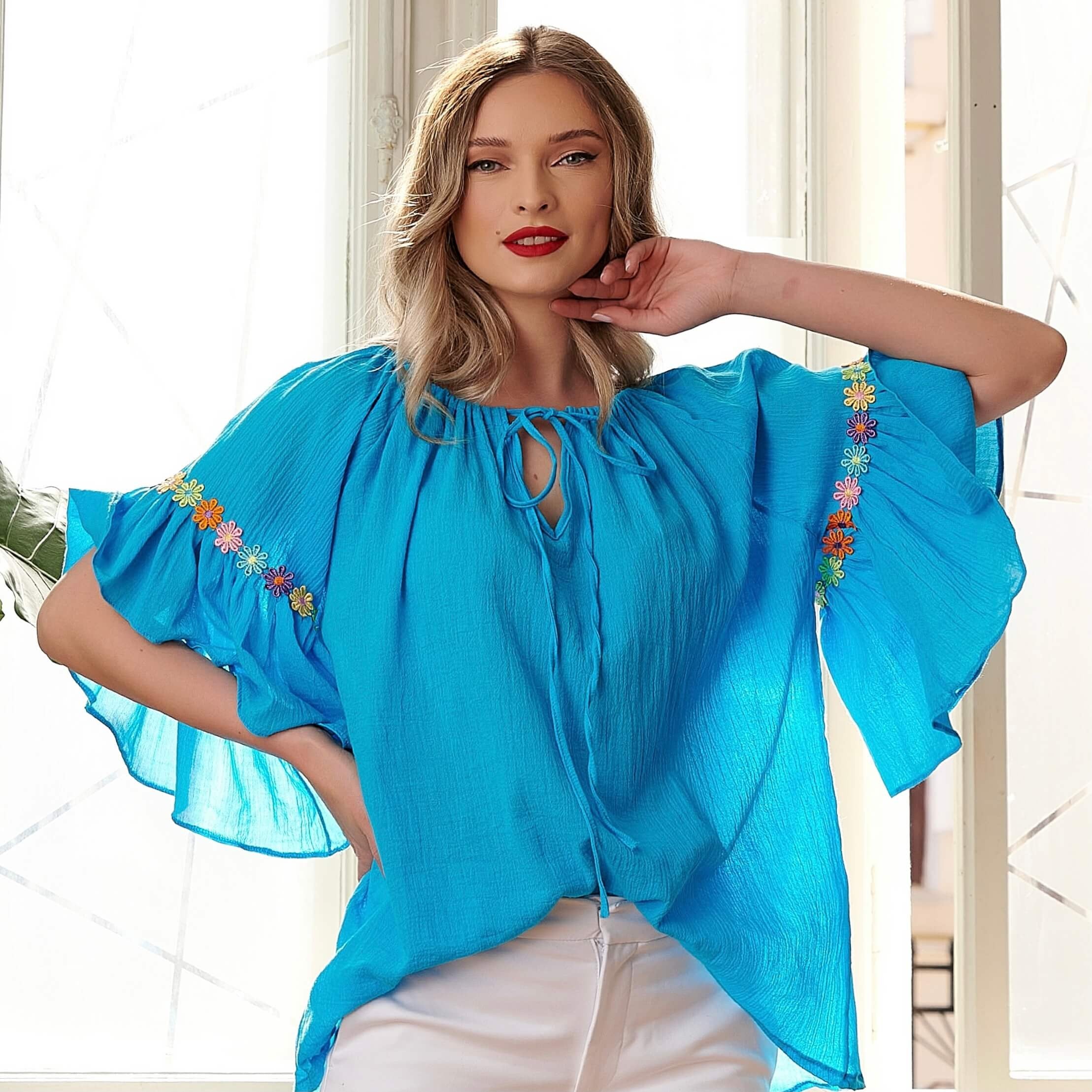 Bluza stilizata din panza topita - turcoaz 05