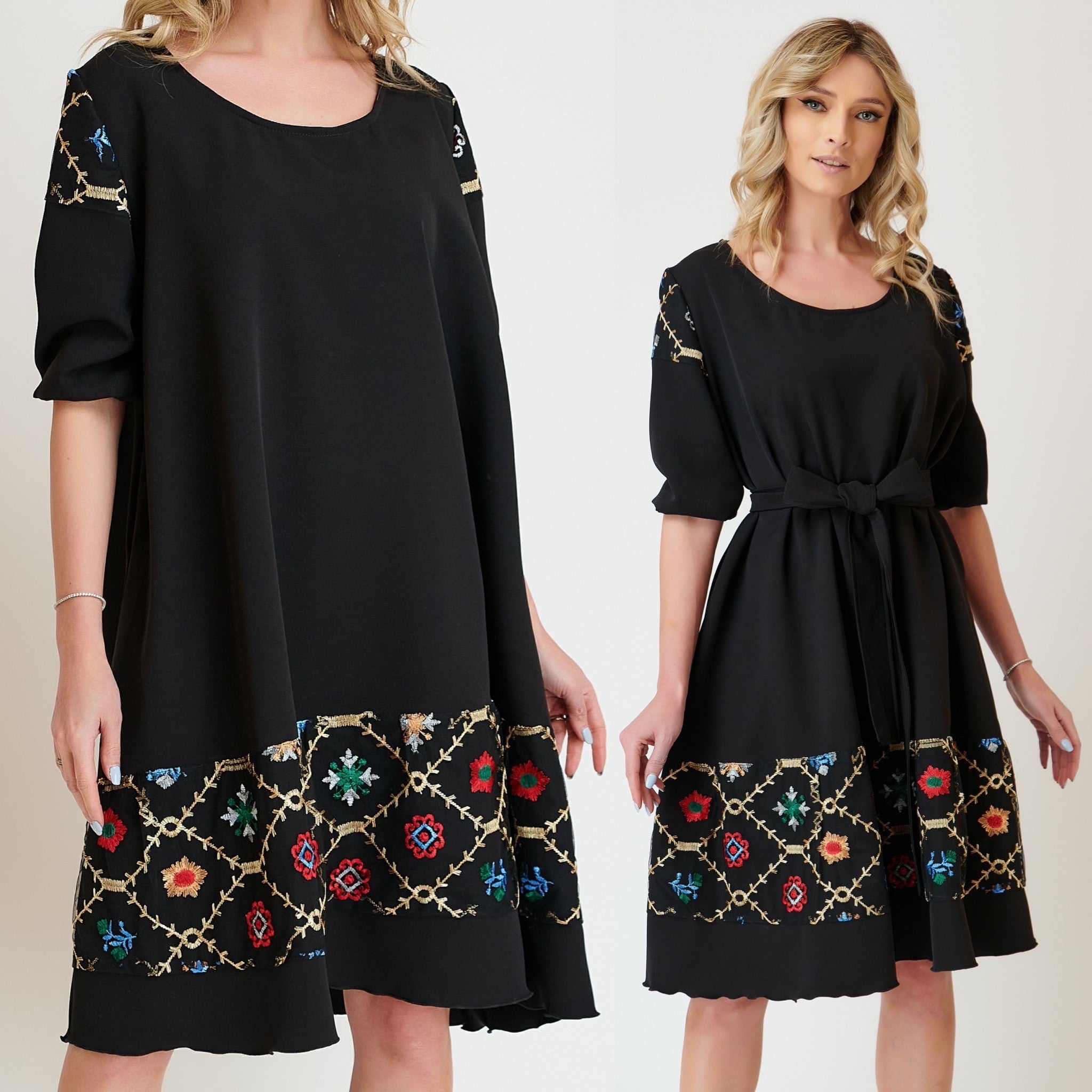 Rochie neagra cu dantela brodata si cordon - Elisabeta 01