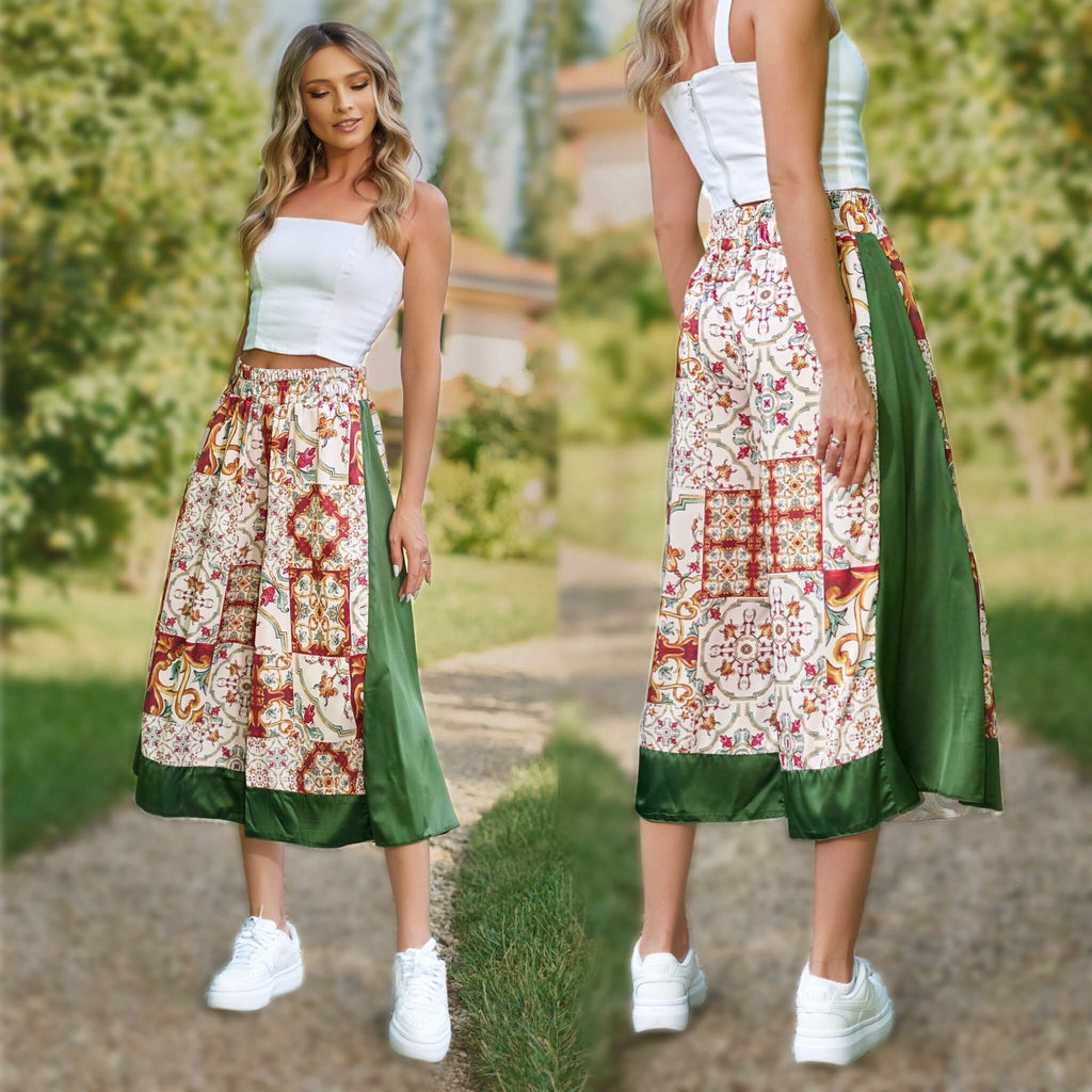 Pantaloni din Matase Naturala cu imprimeu grena - Elena kaki 02