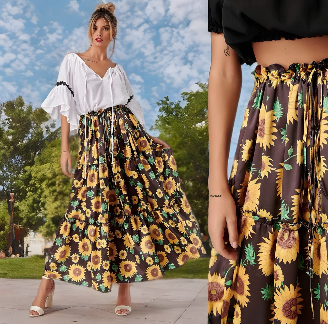 Fusta lunga cu imprimeu floral floarea soarelui