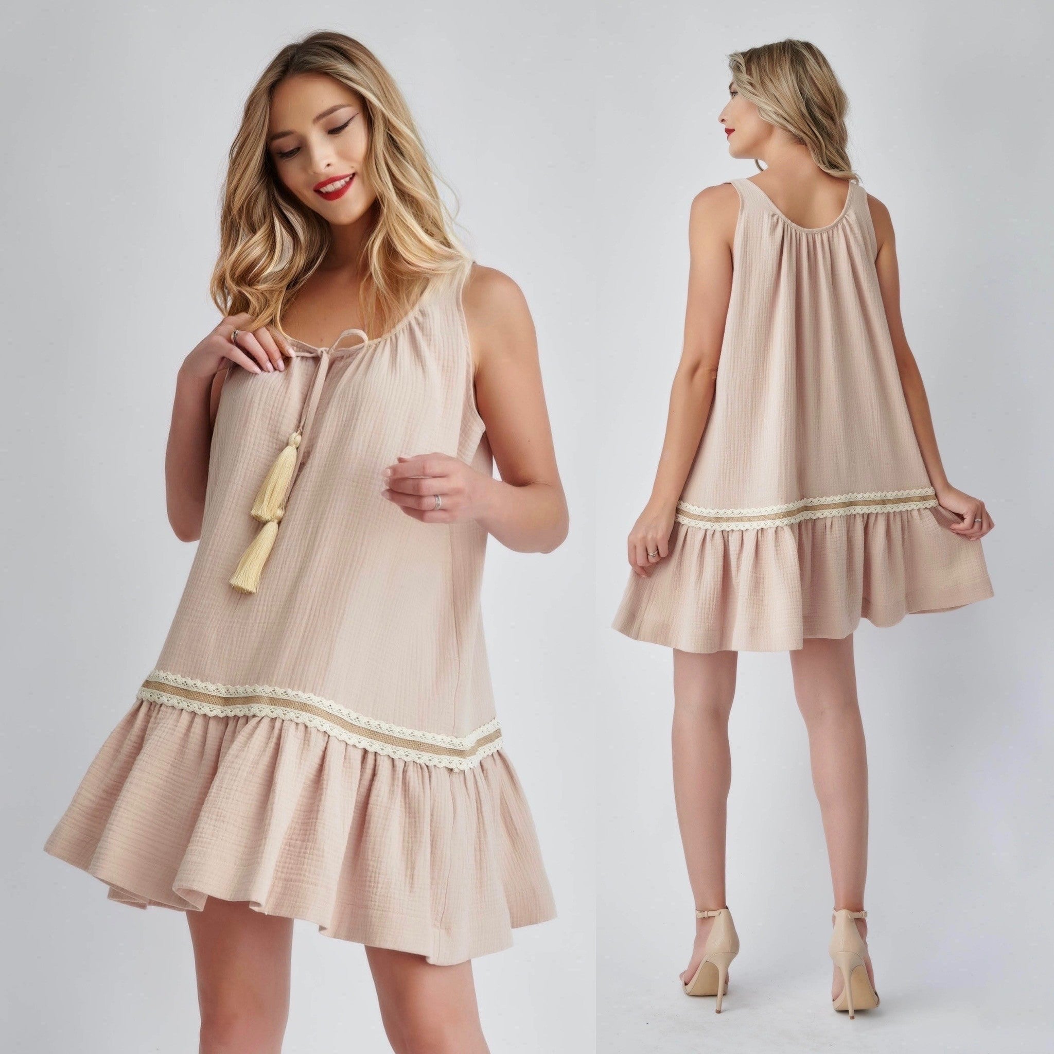 Rochie crem din panza topita cu volan - Carla