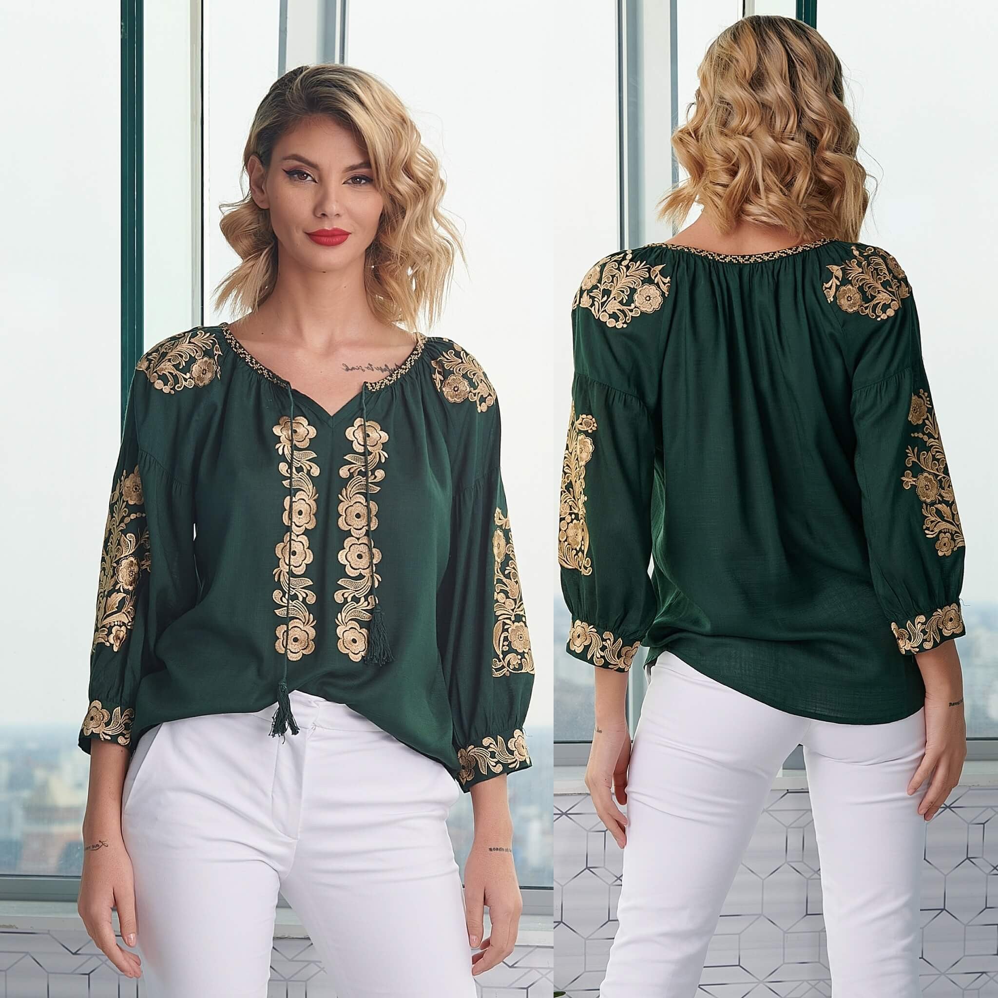 Bluza brodata verde cu flori aurii - Lavinia