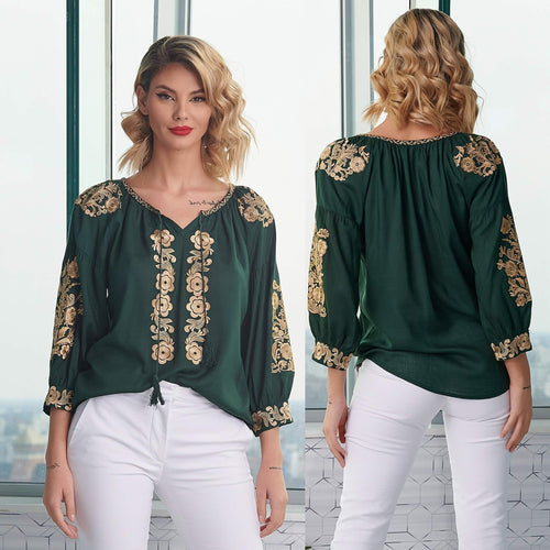 Bluza brodata verde cu flori aurii - Lavinia