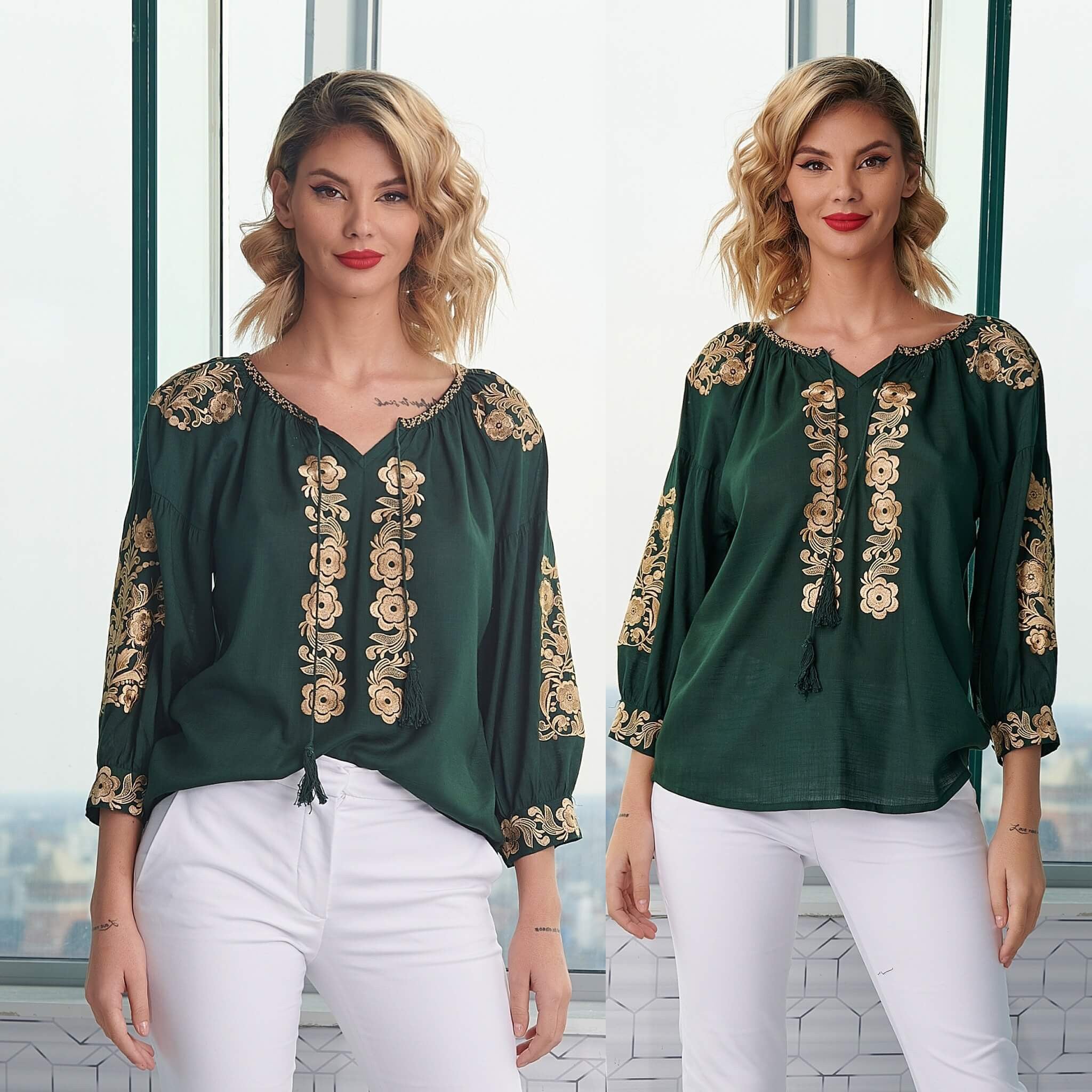Bluza brodata verde cu flori aurii - Lavinia