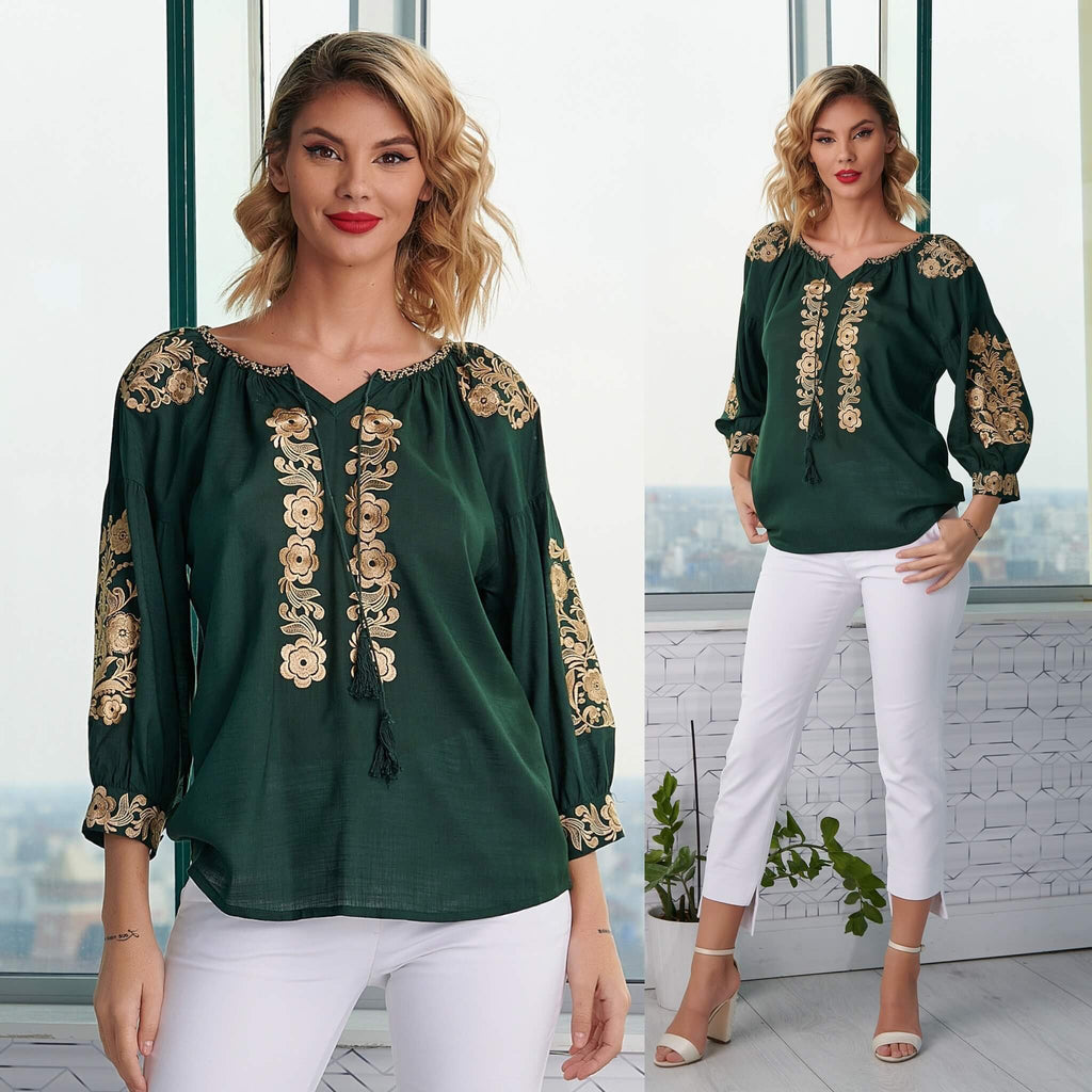 Bluza brodata verde cu flori aurii - Lavinia