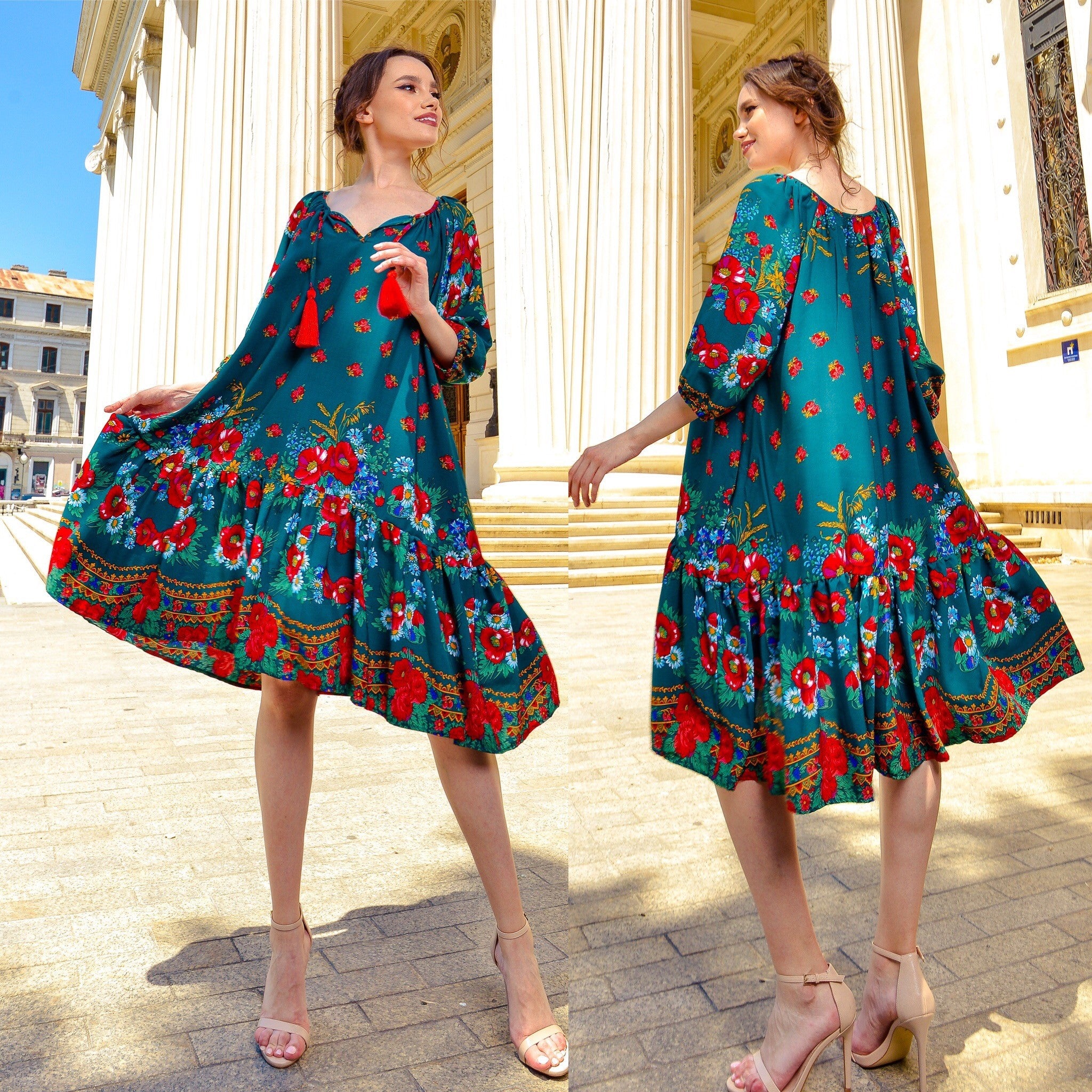 Rochie Nationala verde cu print floral rosu