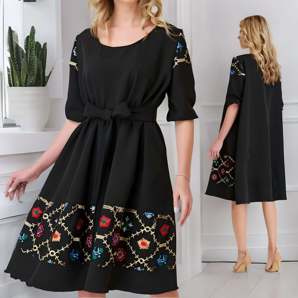 Rochie neagra cu dantela brodata si cordon - Elisabeta 01