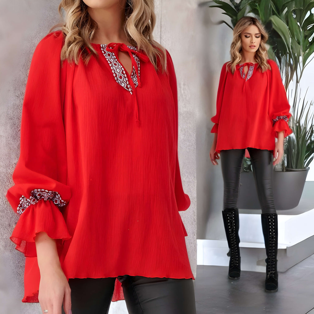 Bluza Nationala rosie din panza topita cu maneci evazate si motive geometrice - Cornelia