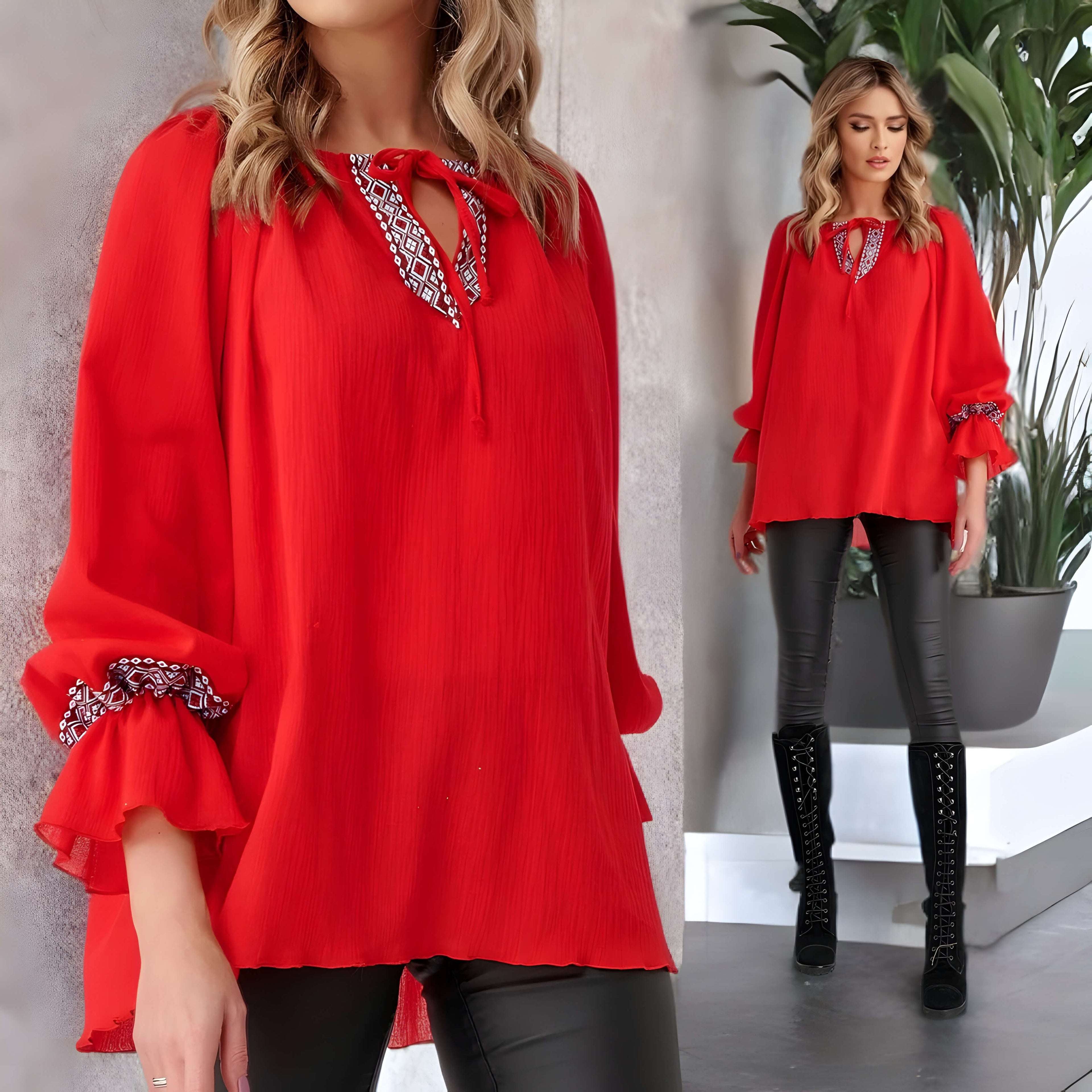 Bluza Nationala rosie din panza topita cu maneci evazate si motive geometrice - Cornelia