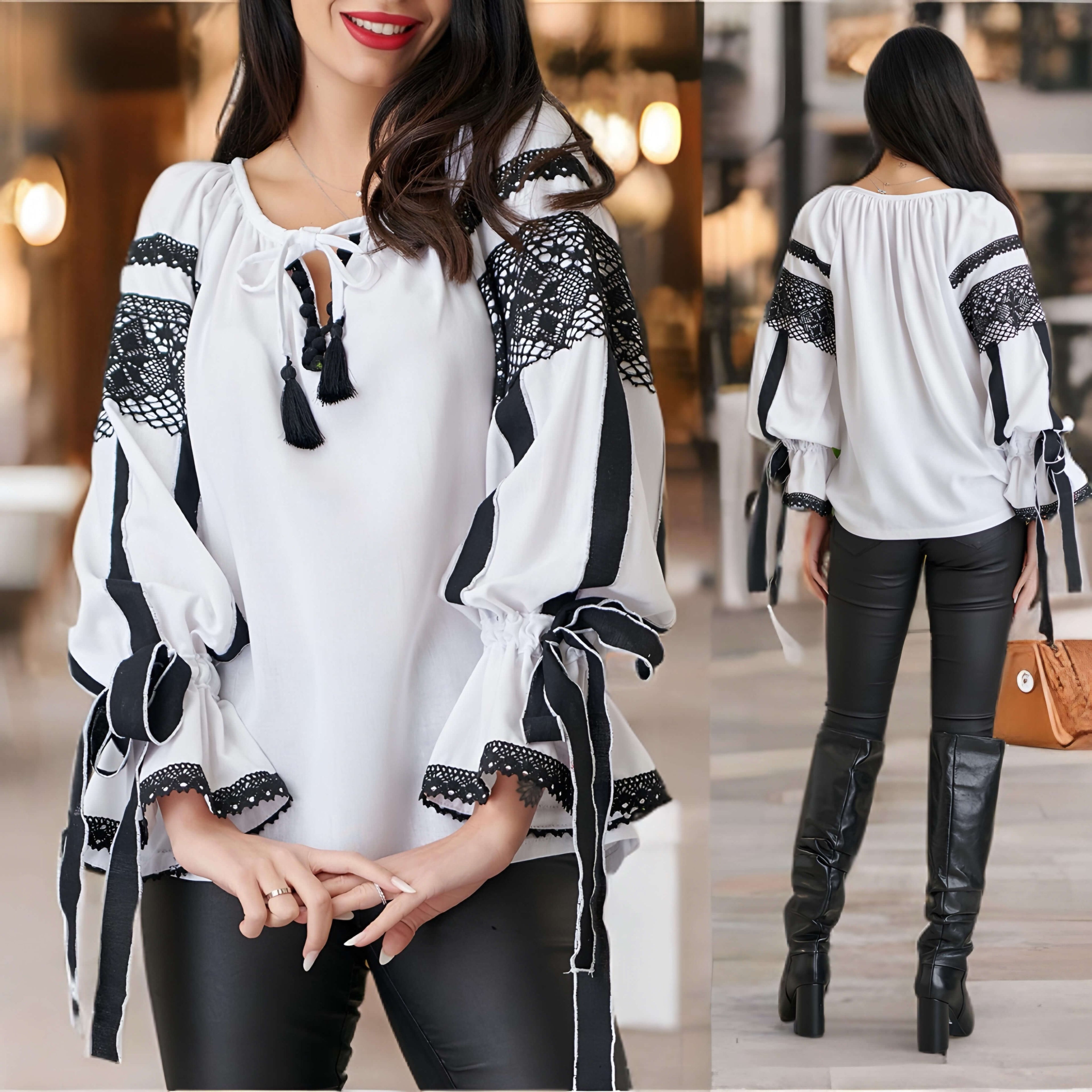 IE Nationala alba din in natural, cu dantela neagra traditionala crosetata - Valeria 03