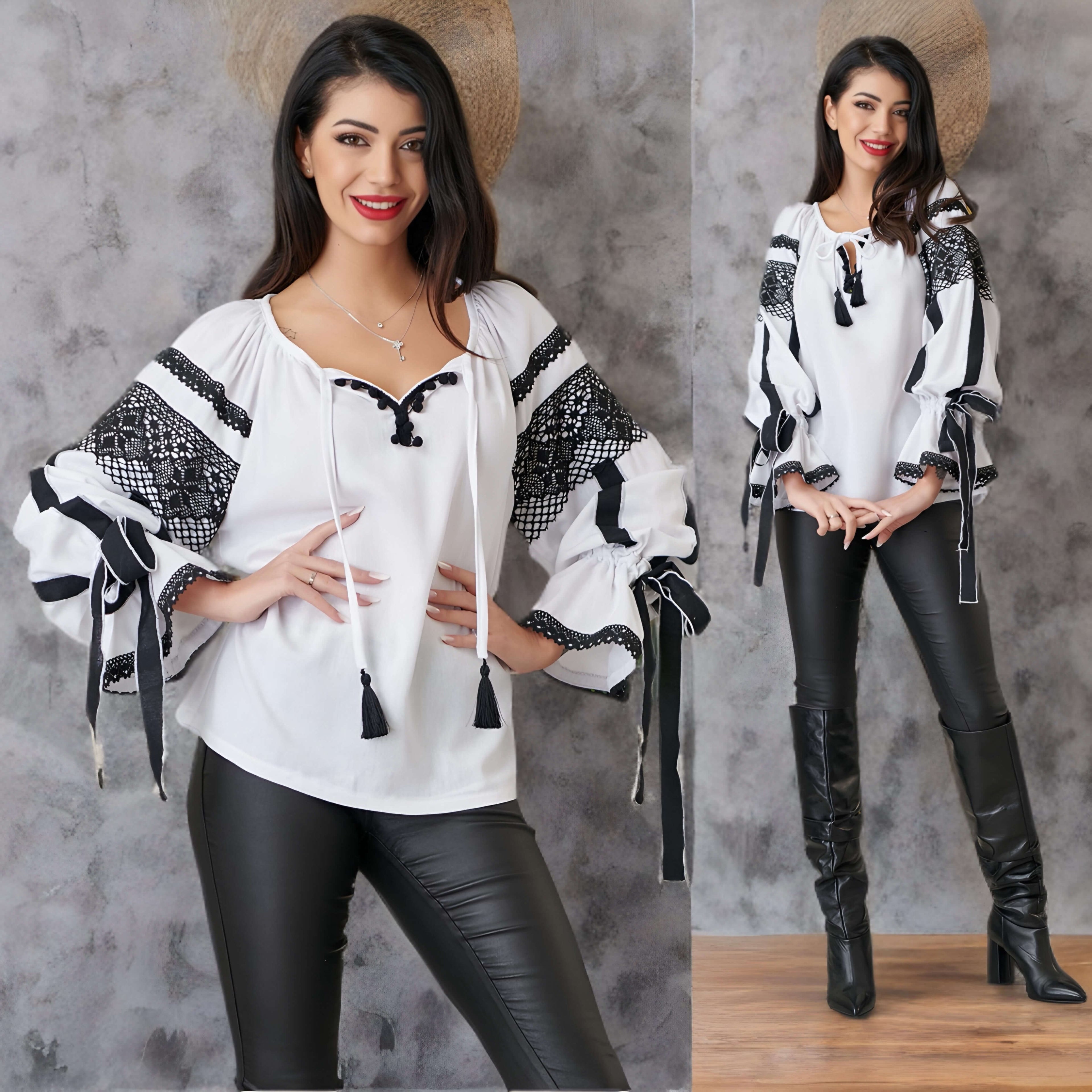 IE Nationala alba din in natural, cu dantela neagra traditionala crosetata - Valeria 03