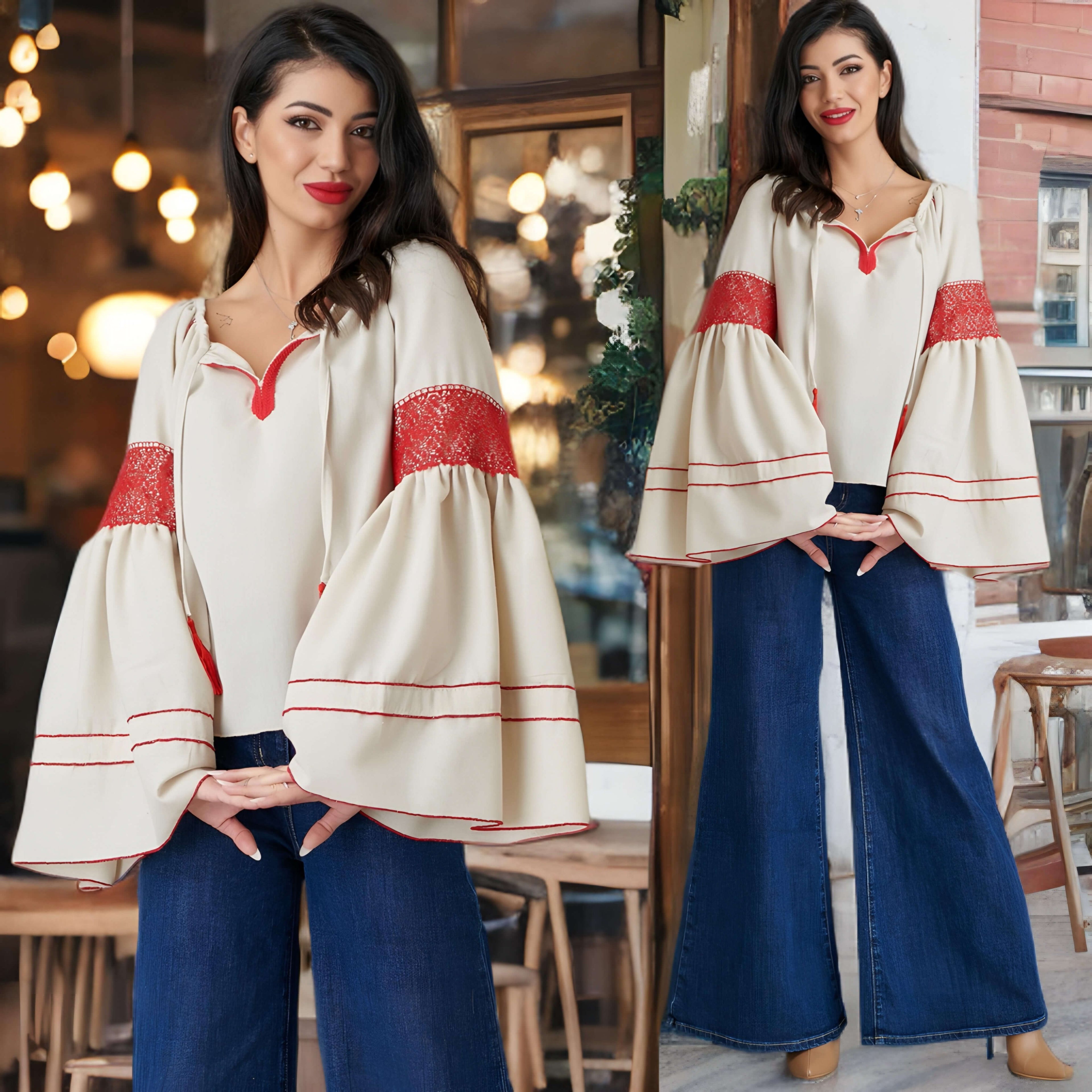 IE Nationala din in crem cu maneci evazate - Nicolle, rosu