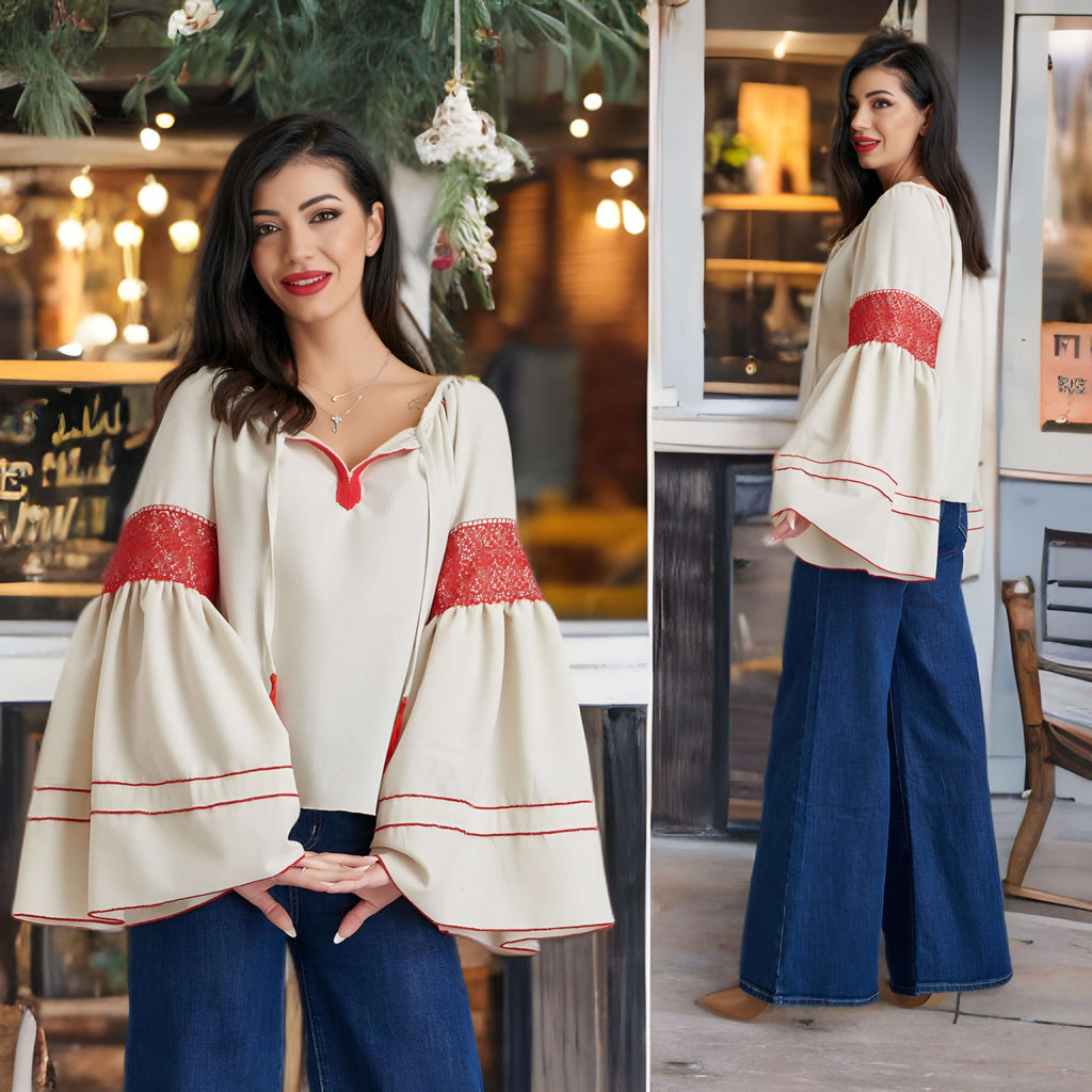 IE Nationala din in crem cu maneci evazate - Nicolle, rosu