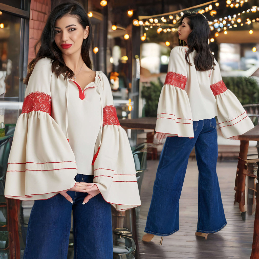 IE Nationala din in crem cu maneci evazate - Nicolle, rosu