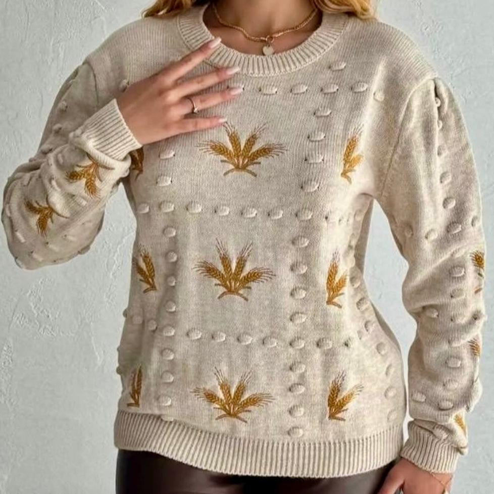 Pulover brodat, crem din tricot - Sorana