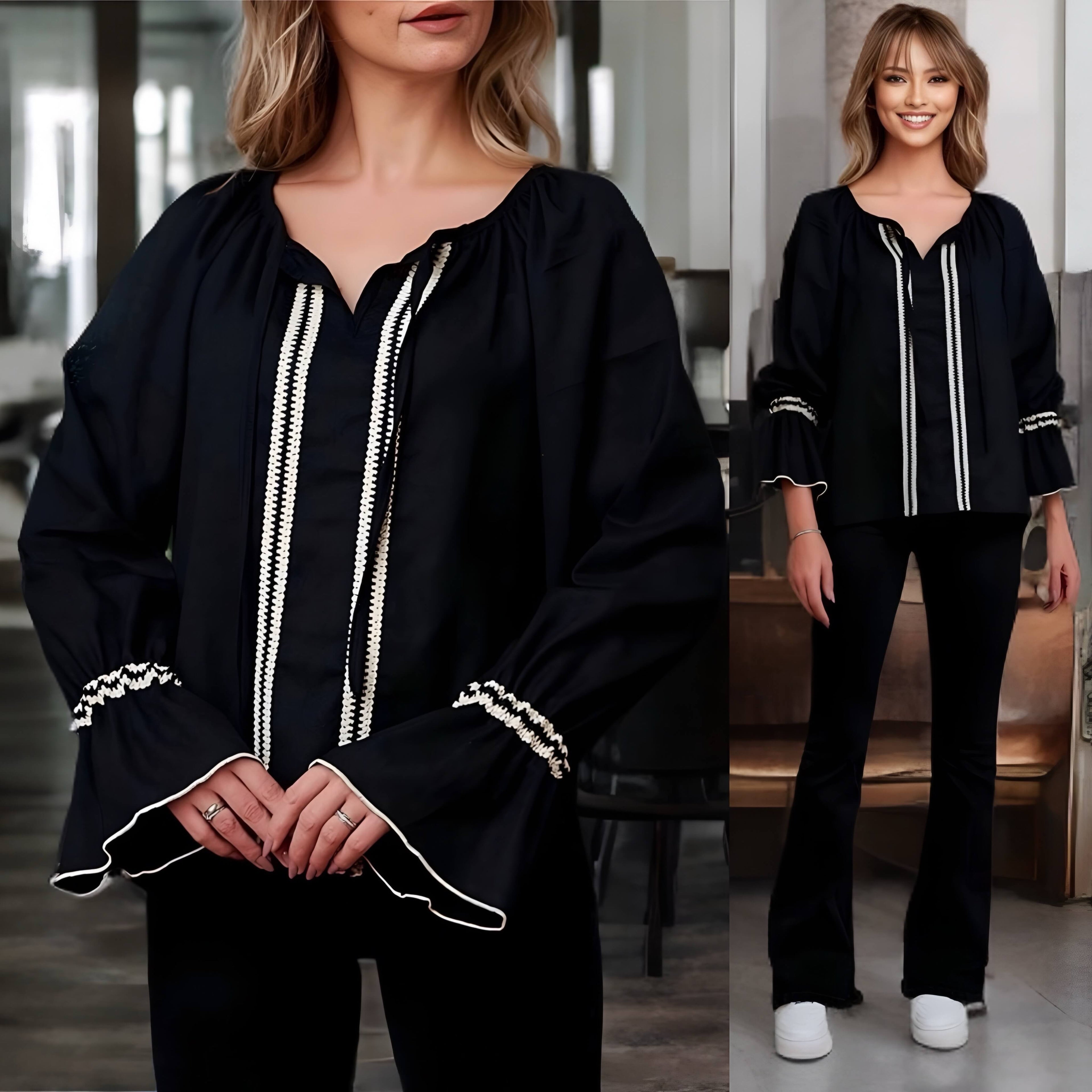 Bluza neagra tip ie traditionala de in natural, cu model impletit - Ina