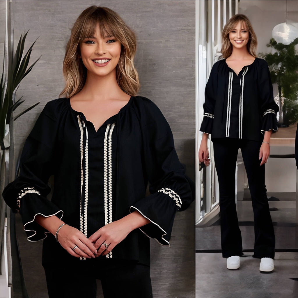 Bluza neagra tip ie traditionala de in natural, cu model impletit - Ina