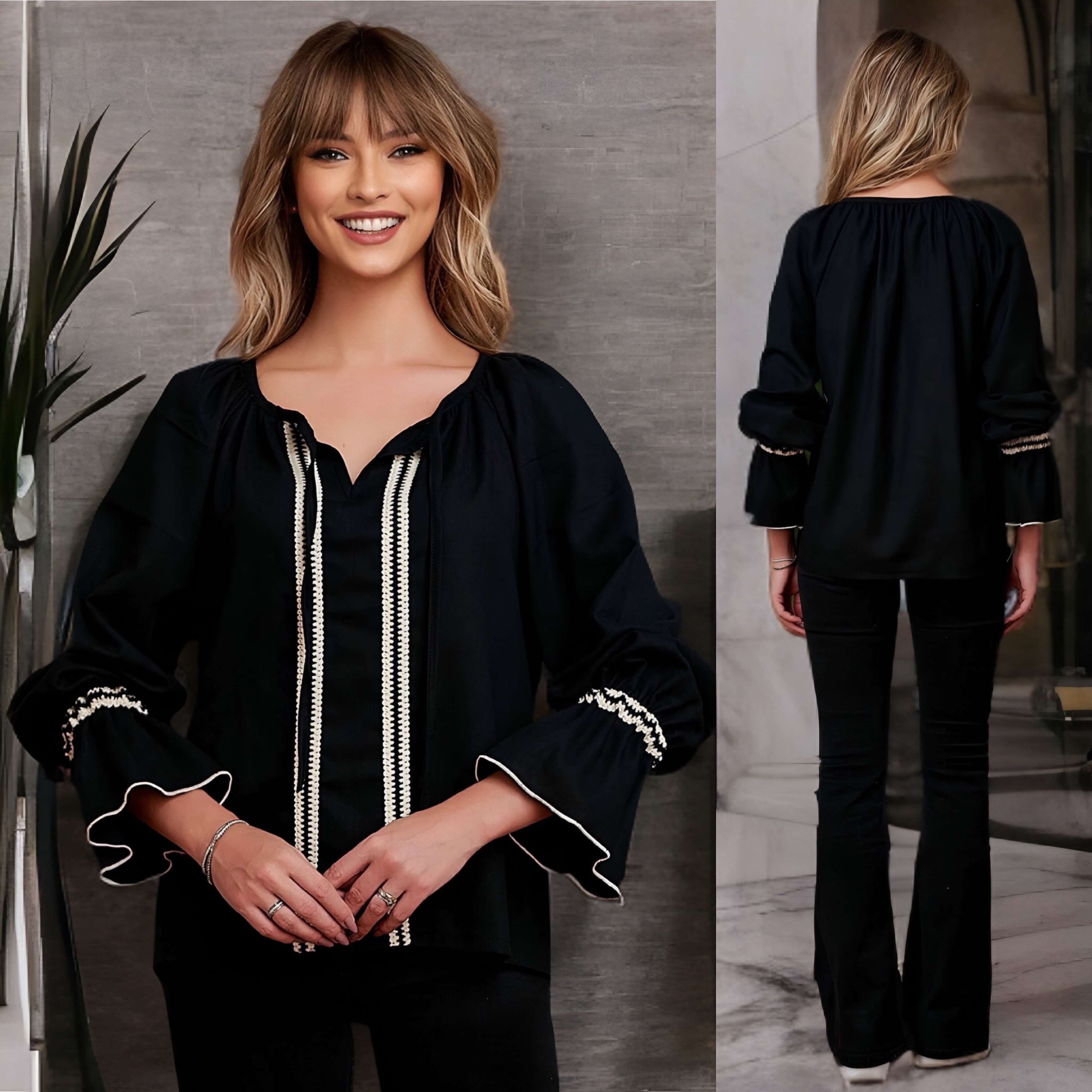 Bluza neagra tip ie traditionala de in natural, cu model impletit - Ina