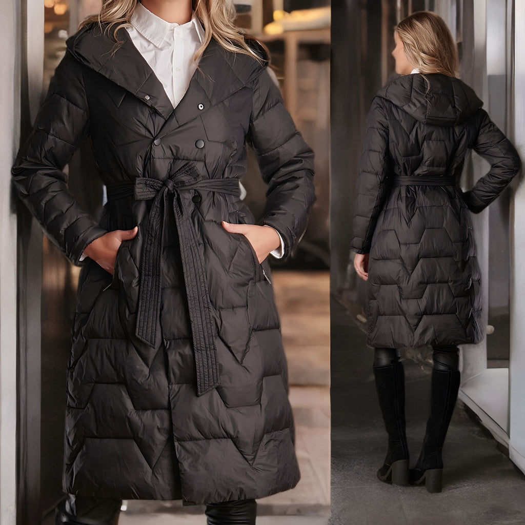 Geaca neagra lunga cu cordon in talie - Iulia