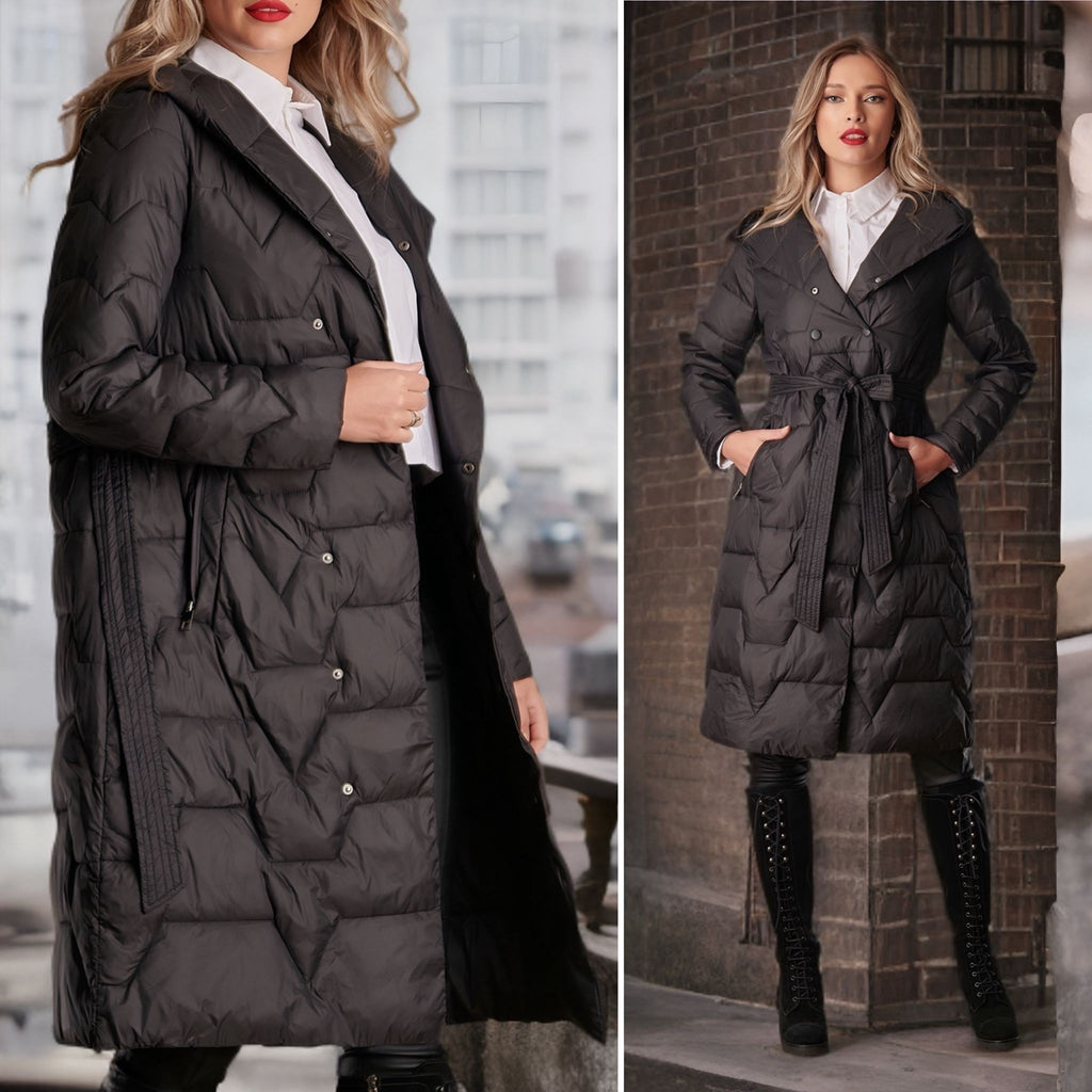 Geaca neagra lunga cu cordon in talie - Iulia